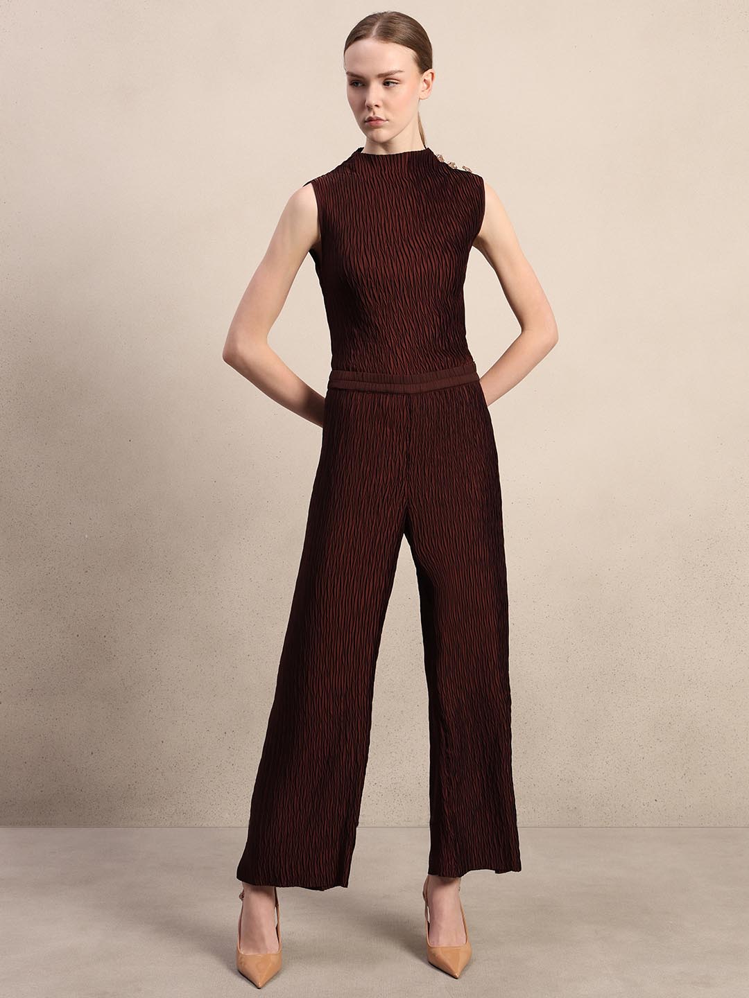 Maroon Textured Ankle Length Pants