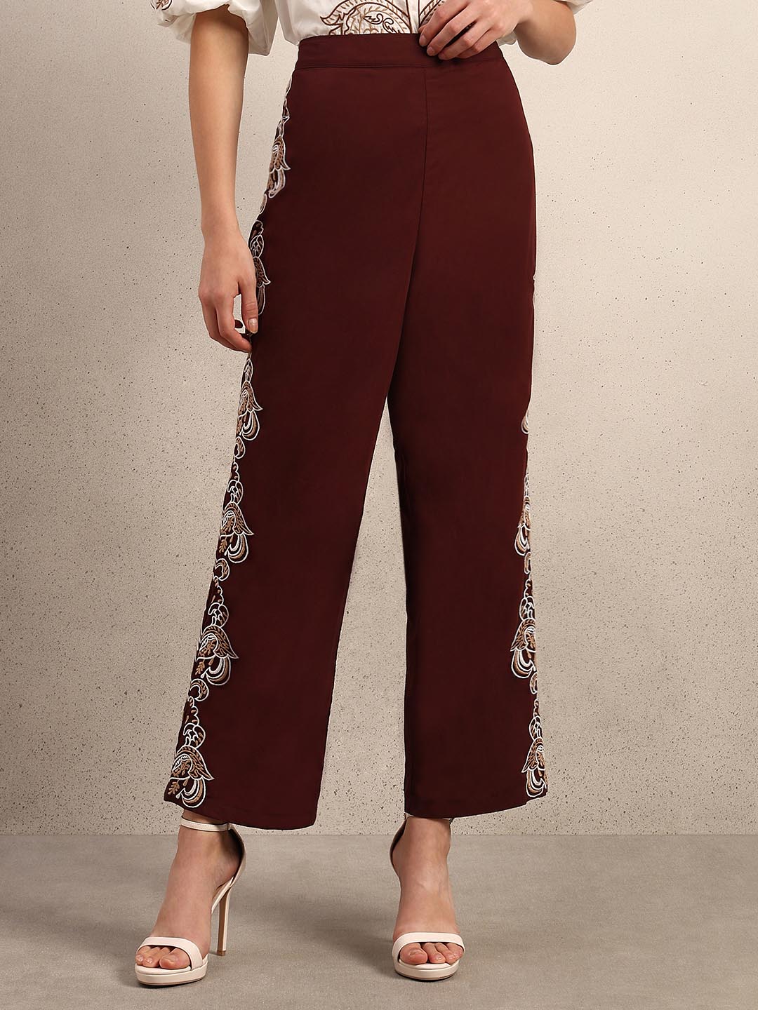 Chocolate Brown Embroidered Cotton Pants