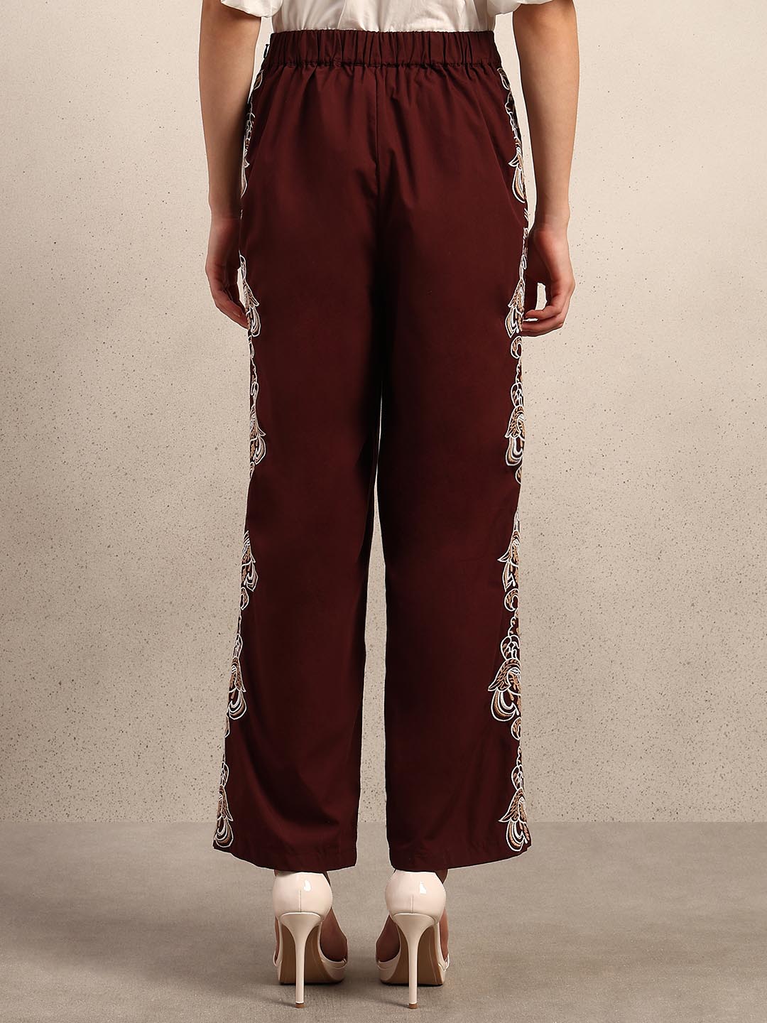 Chocolate Brown Embroidered Cotton Pants