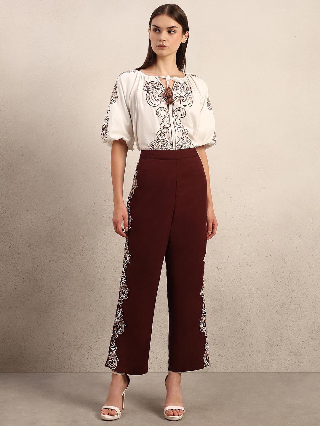 Chocolate Brown Embroidered Cotton Pants