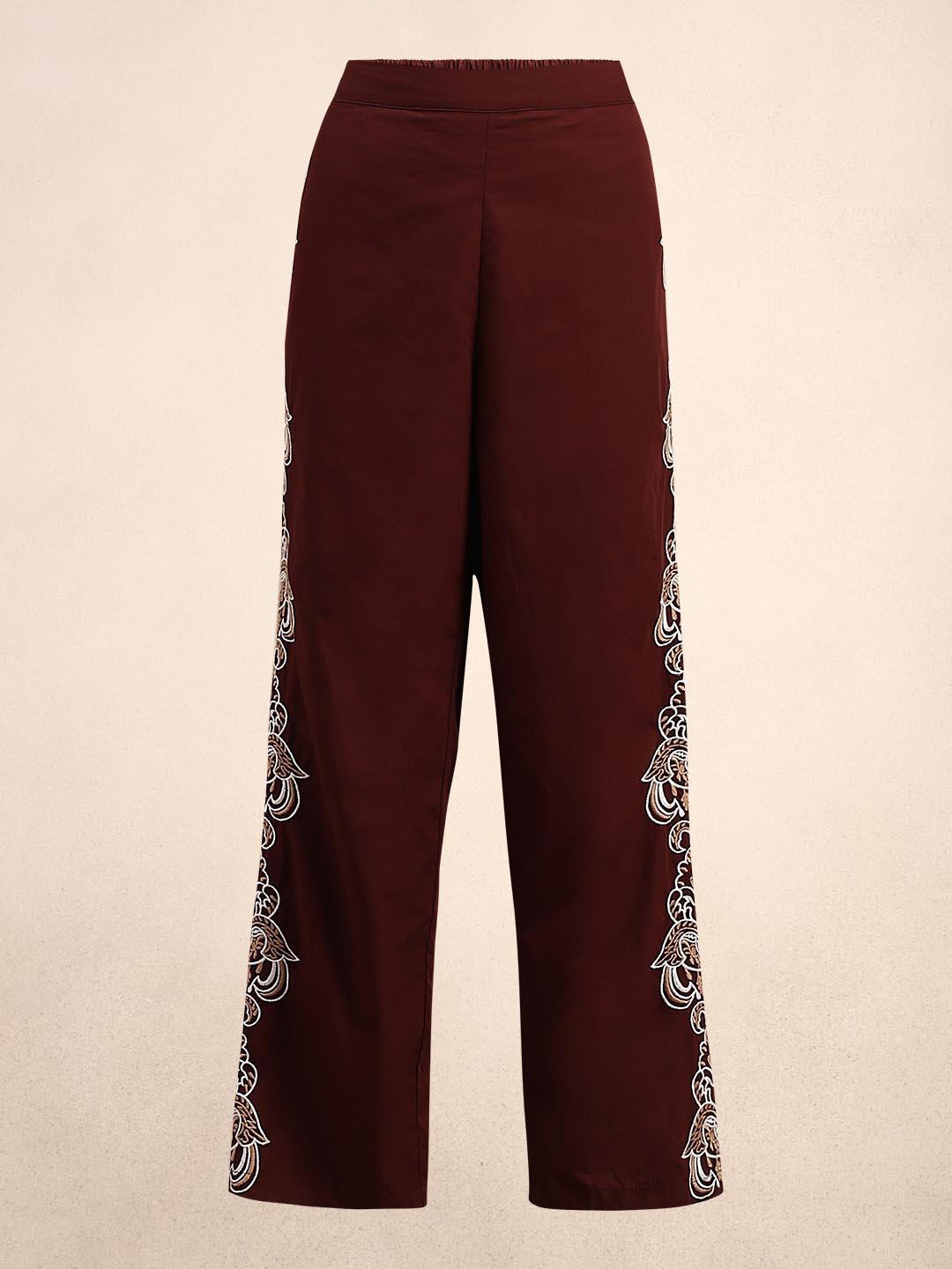 Chocolate Brown Embroidered Cotton Pants
