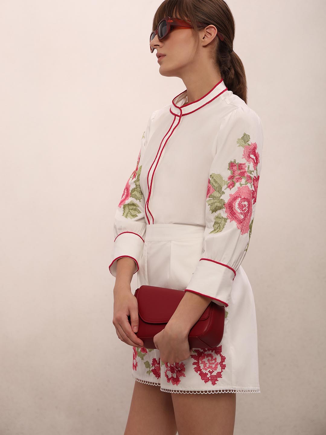 White Floral Embroidered Cotton Shirt