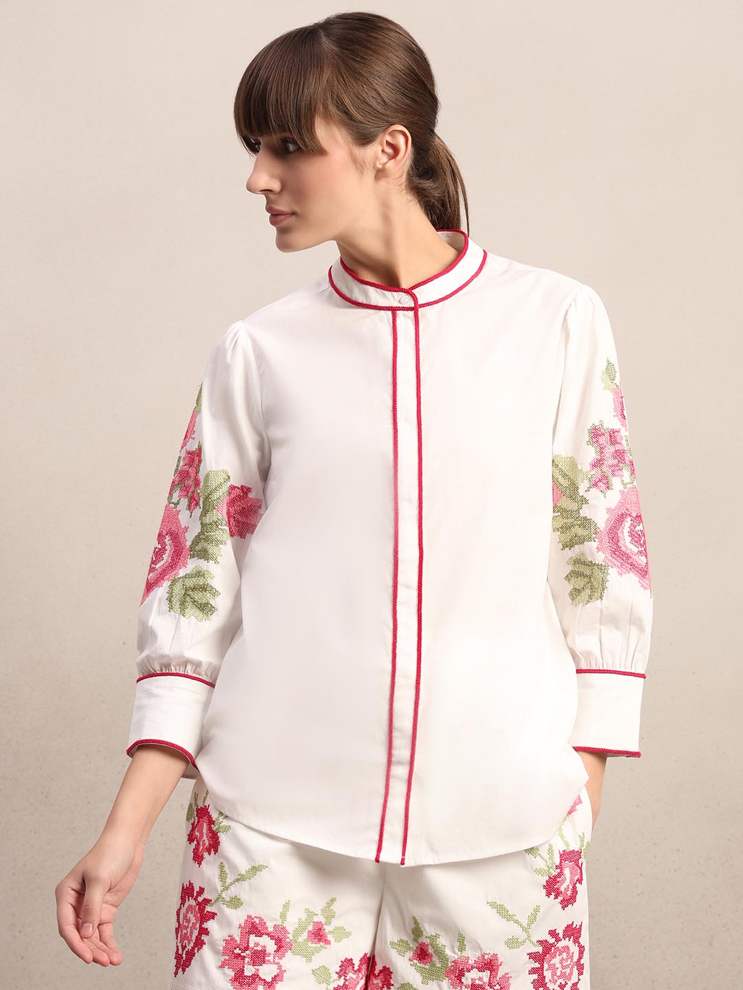White Floral Embroidered Cotton Shirt