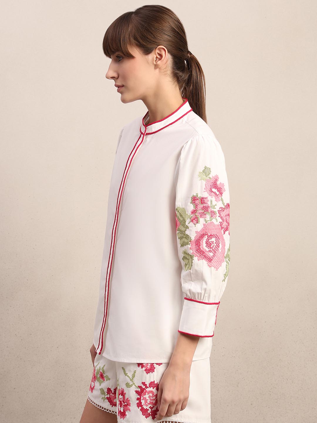 White Floral Embroidered Cotton Shirt