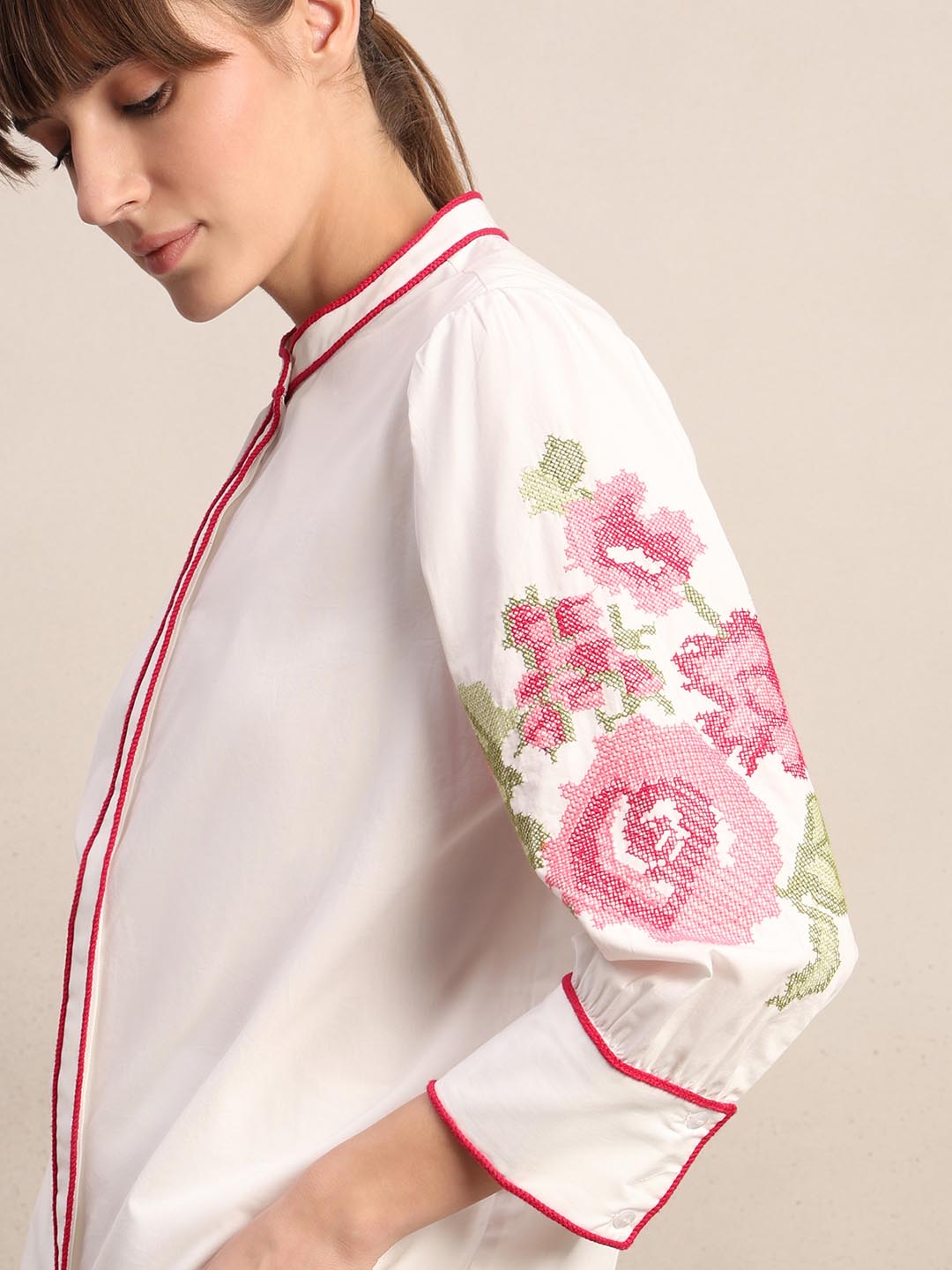 White Floral Embroidered Cotton Shirt