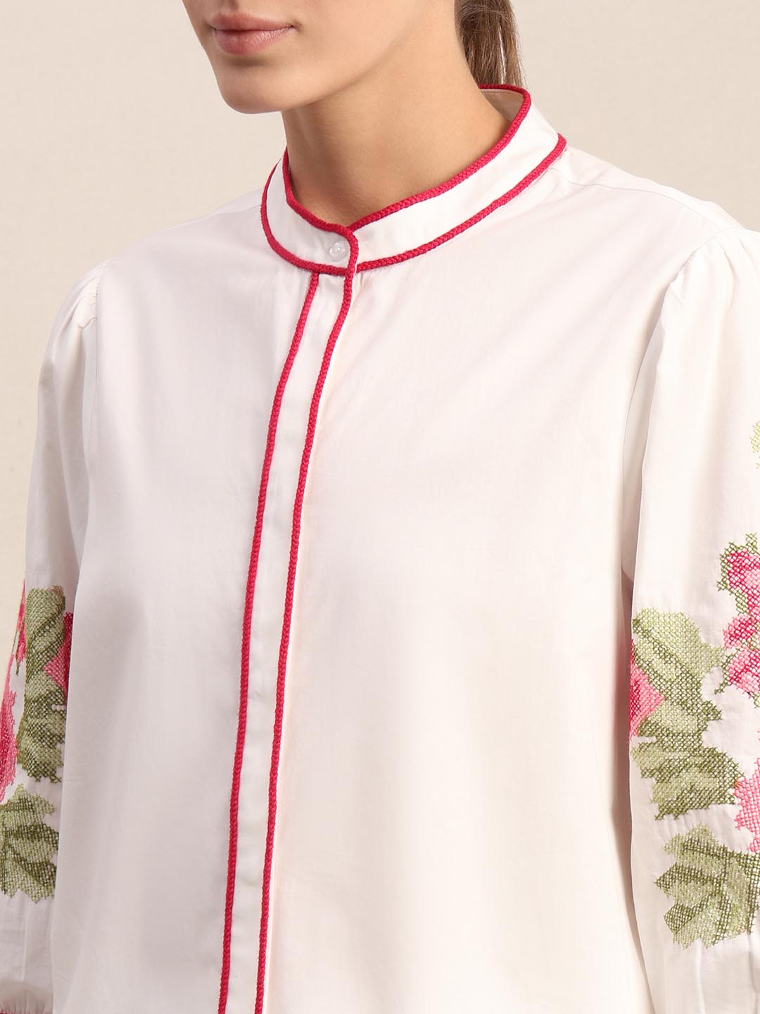 White Floral Embroidered Cotton Shirt