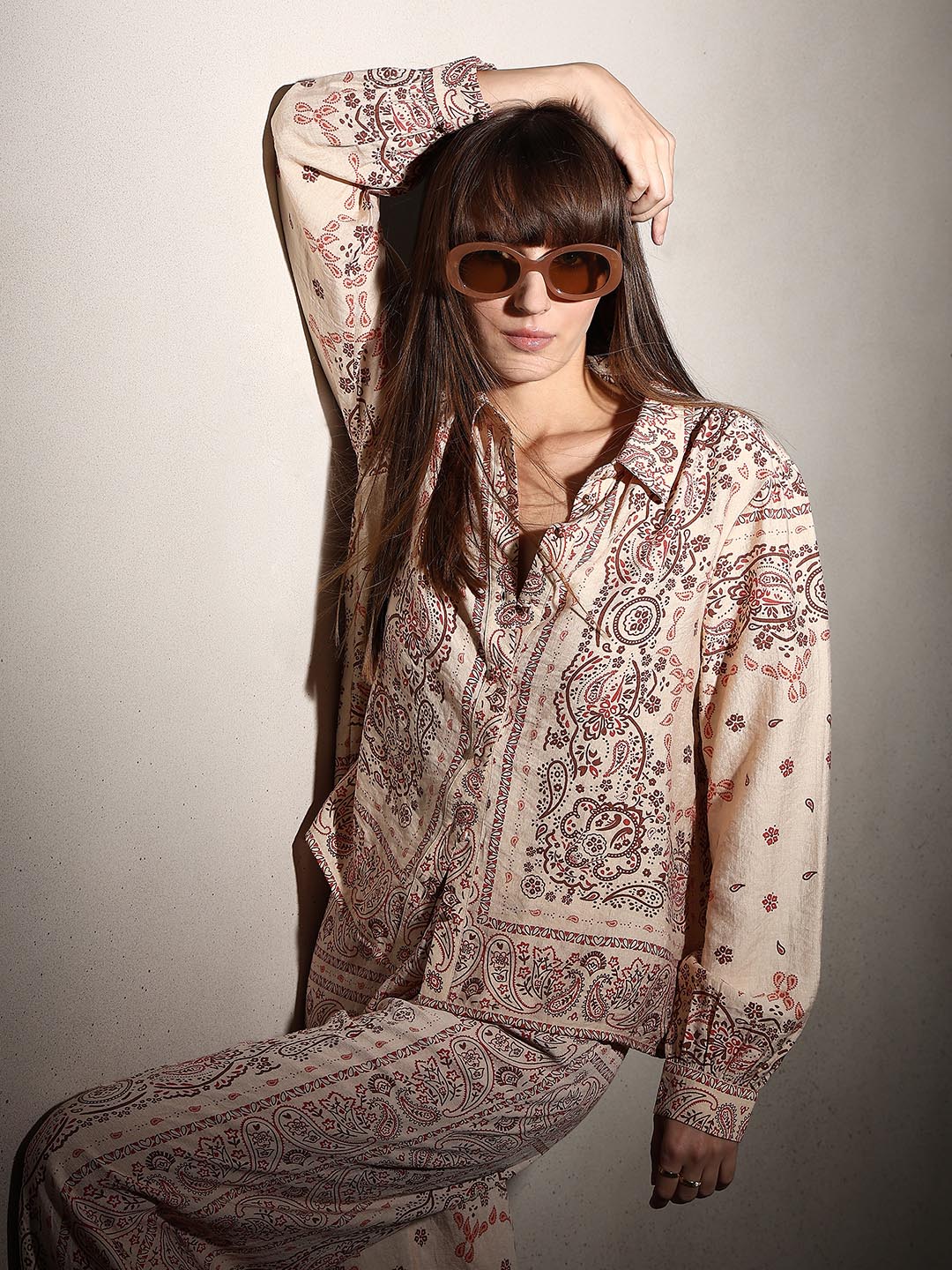 Beige Printed Regular Fit Shirt