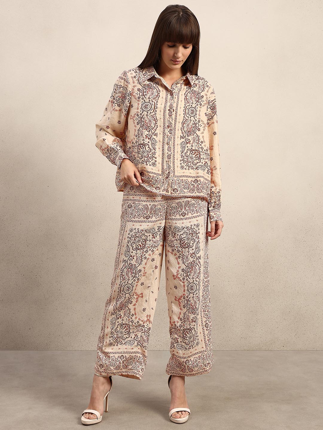 Beige Printed Regular Fit Shirt