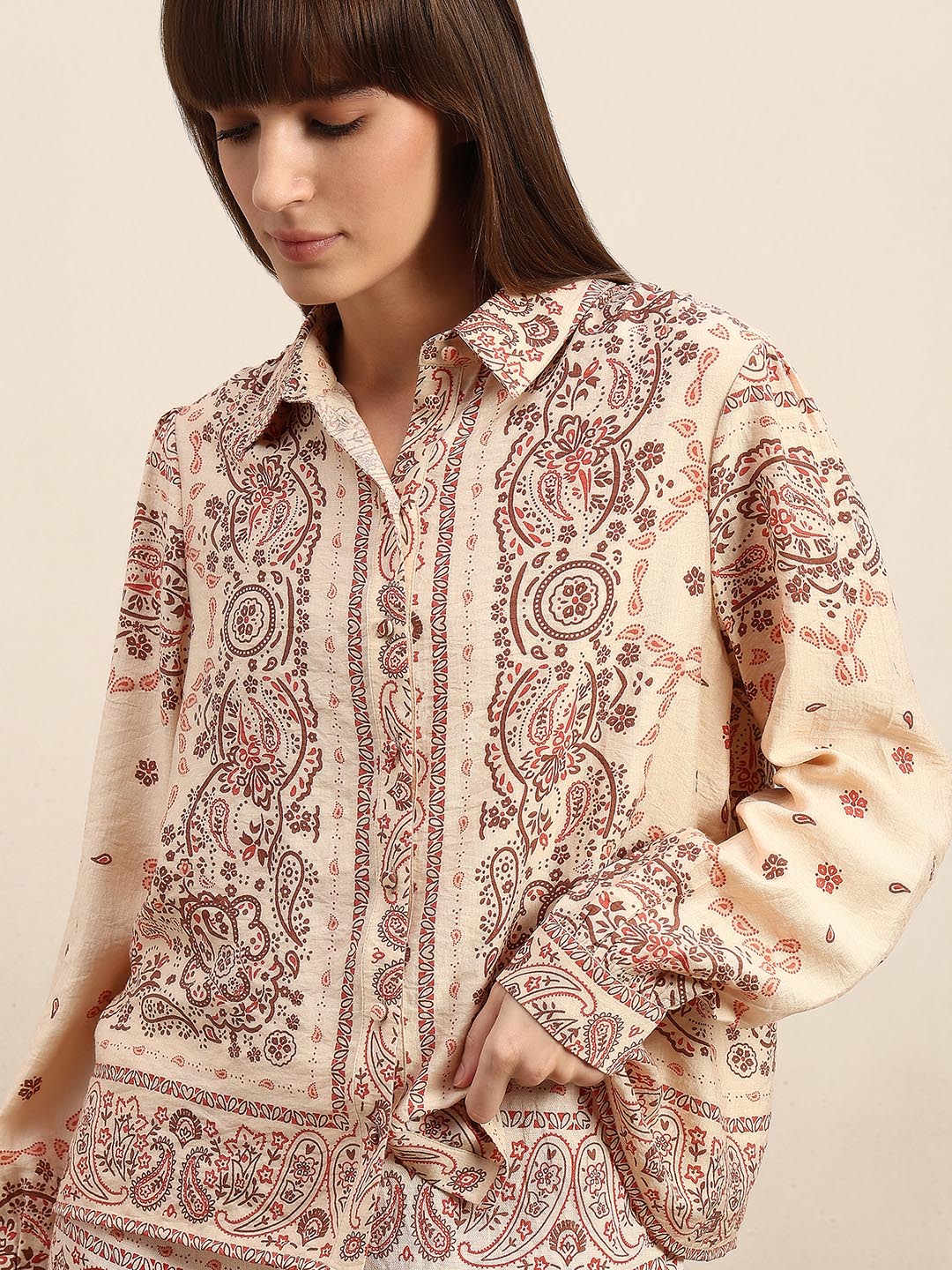 Beige Printed Regular Fit Shirt