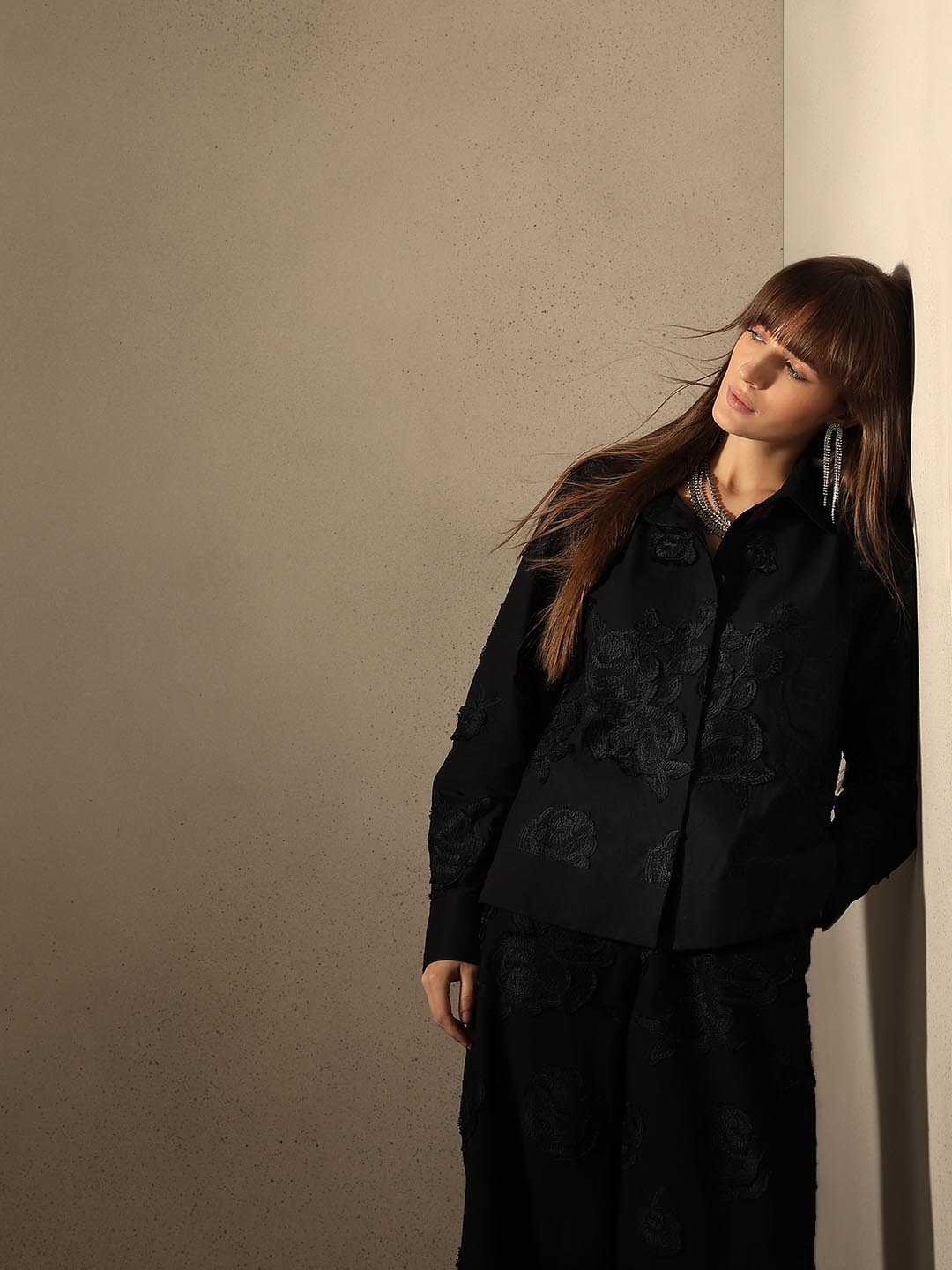 Black Floral Embroidered Shirt