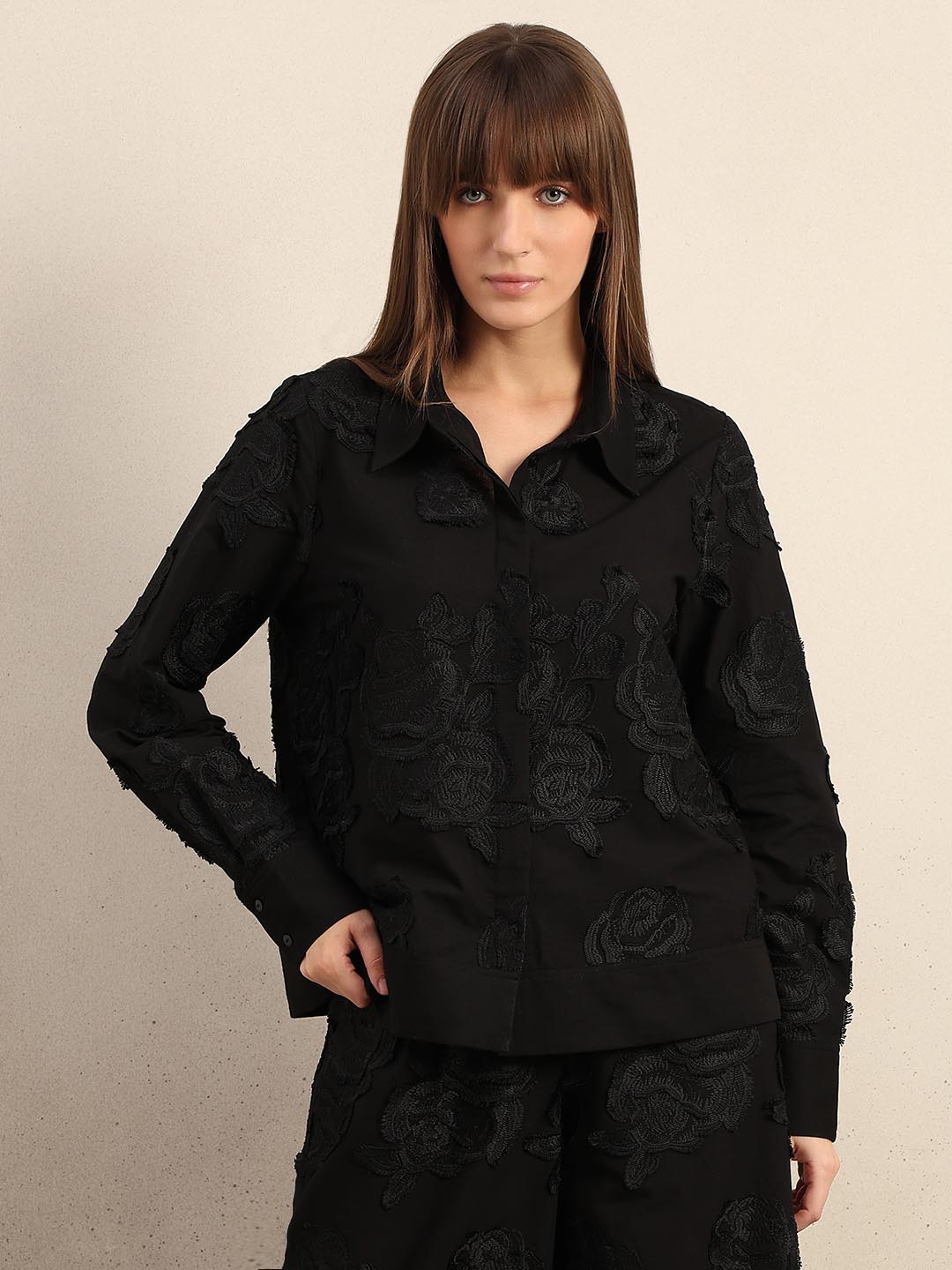 Black Floral Embroidered Shirt