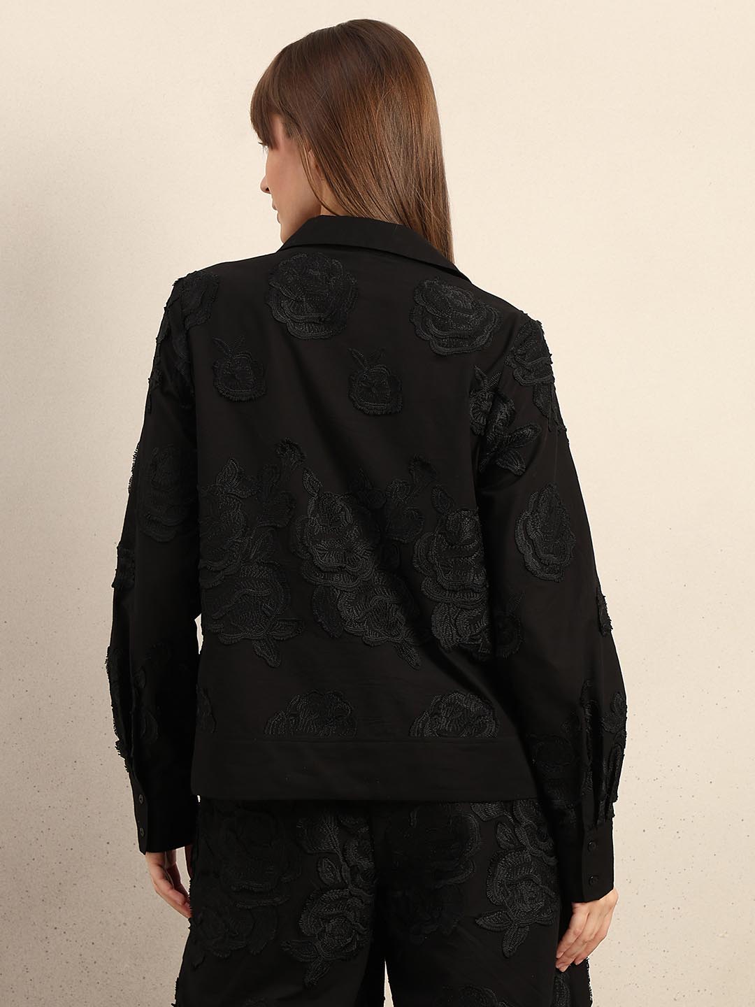 Black Floral Embroidered Shirt