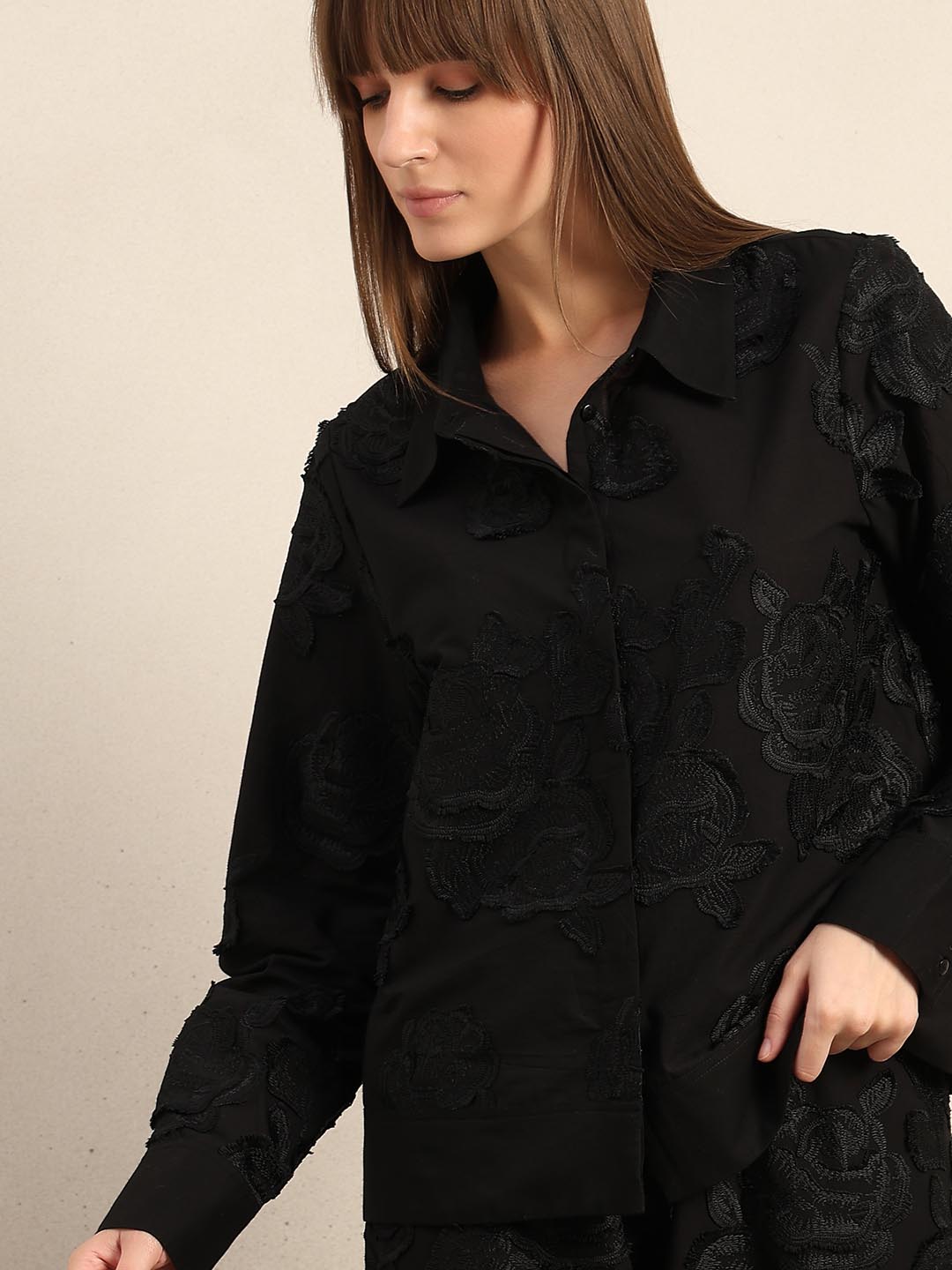 Black Floral Embroidered Shirt