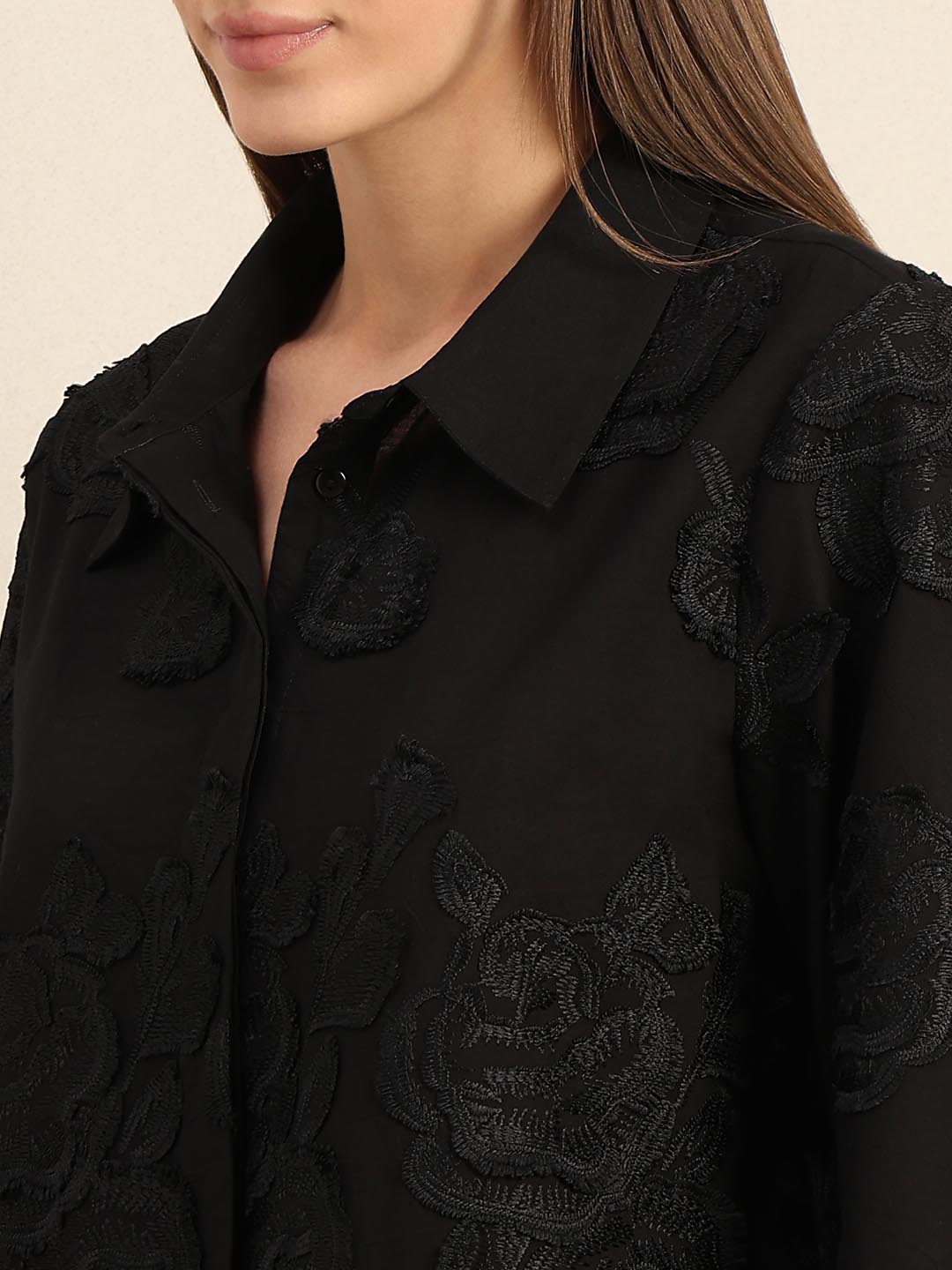 Black Floral Embroidered Shirt