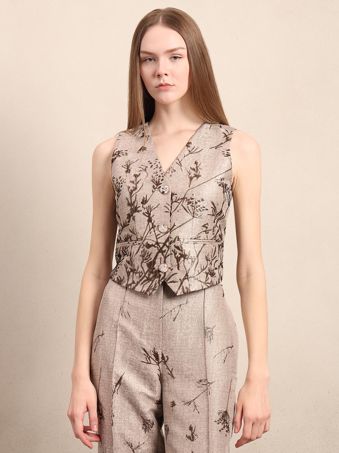 Beige Printed Vest Top