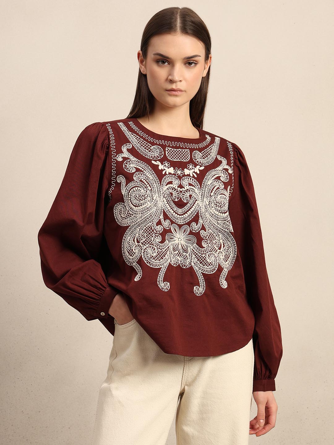 Dark Red Embroidered Top
