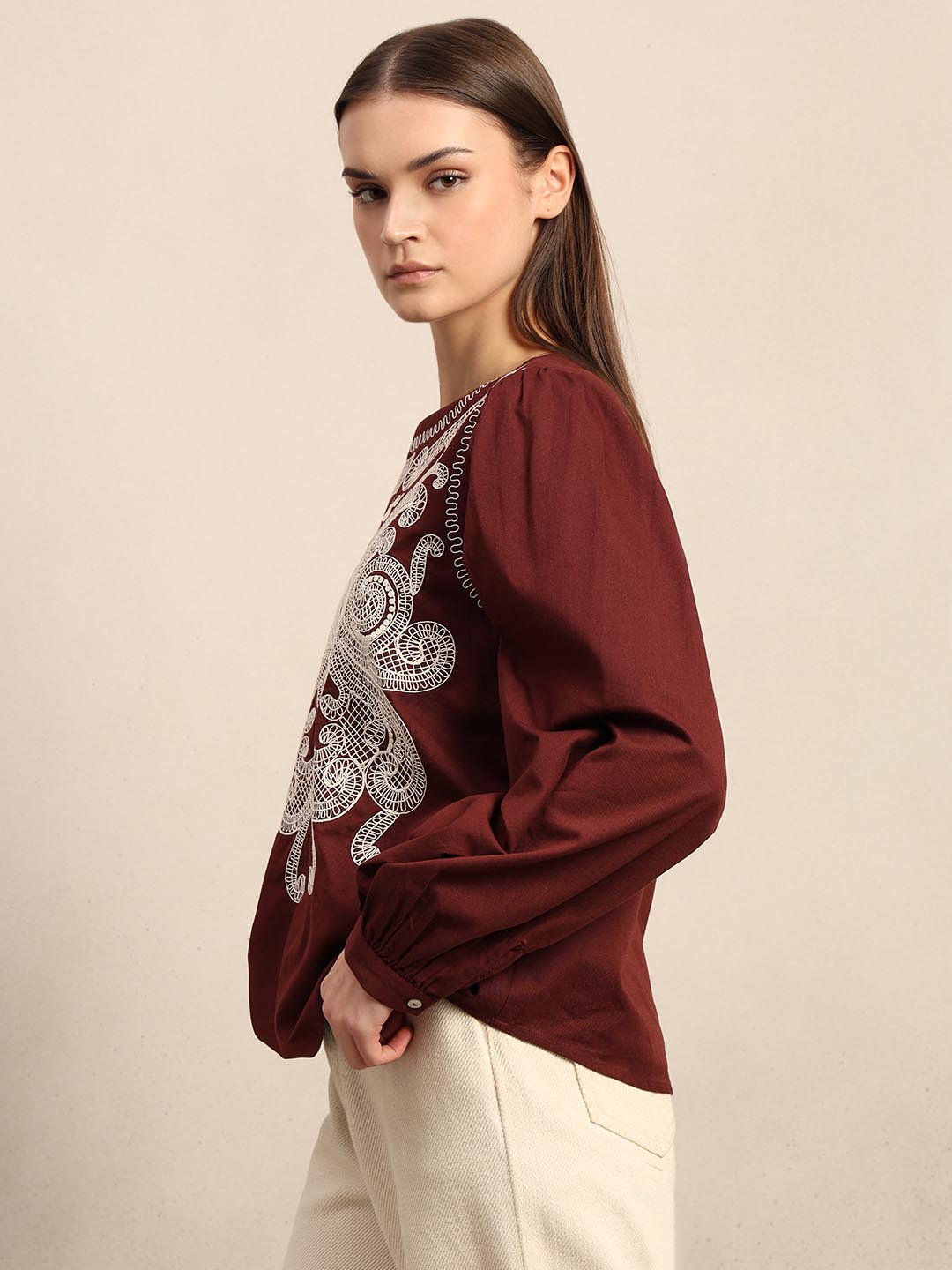 Dark Red Embroidered Top