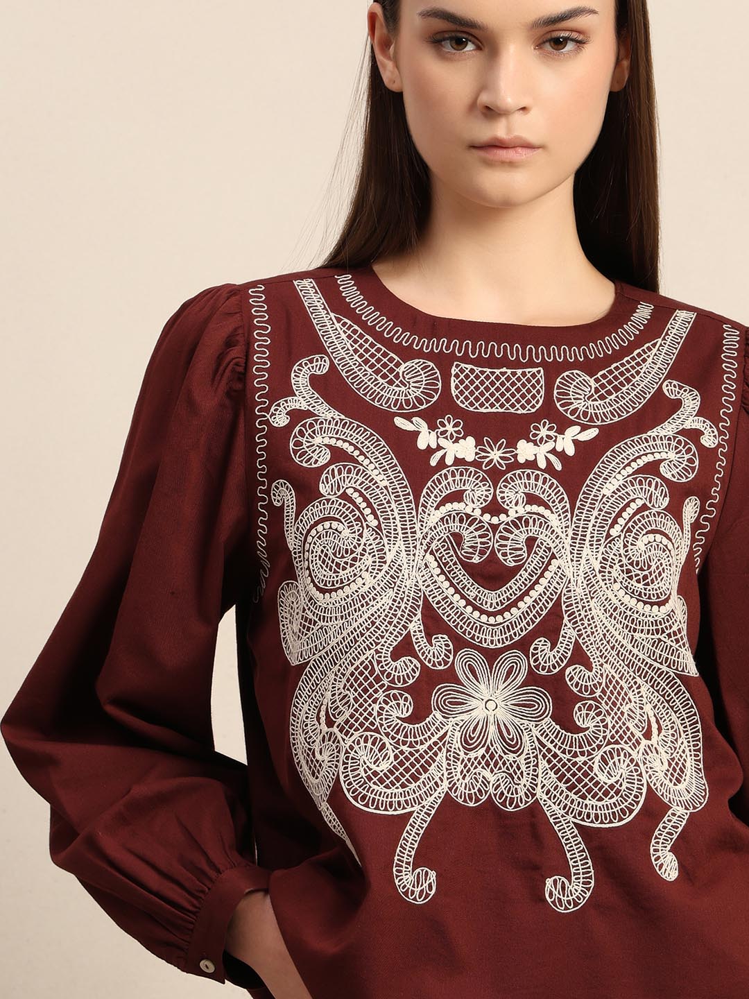 Dark Red Embroidered Top