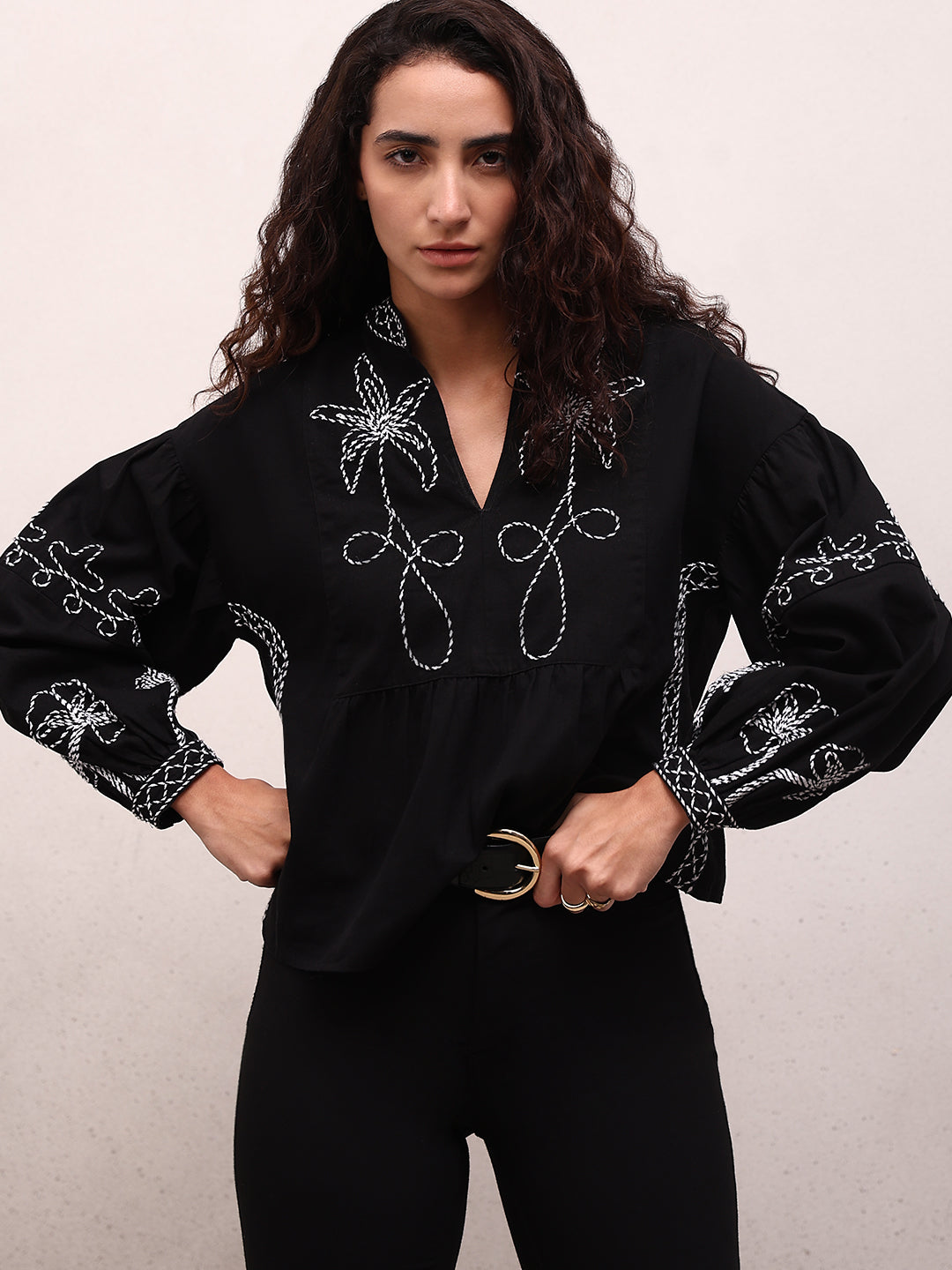 Embroidered V-Neck Top