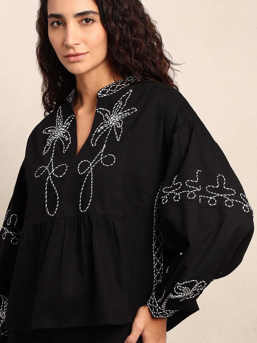 Embroidered V-Neck Top