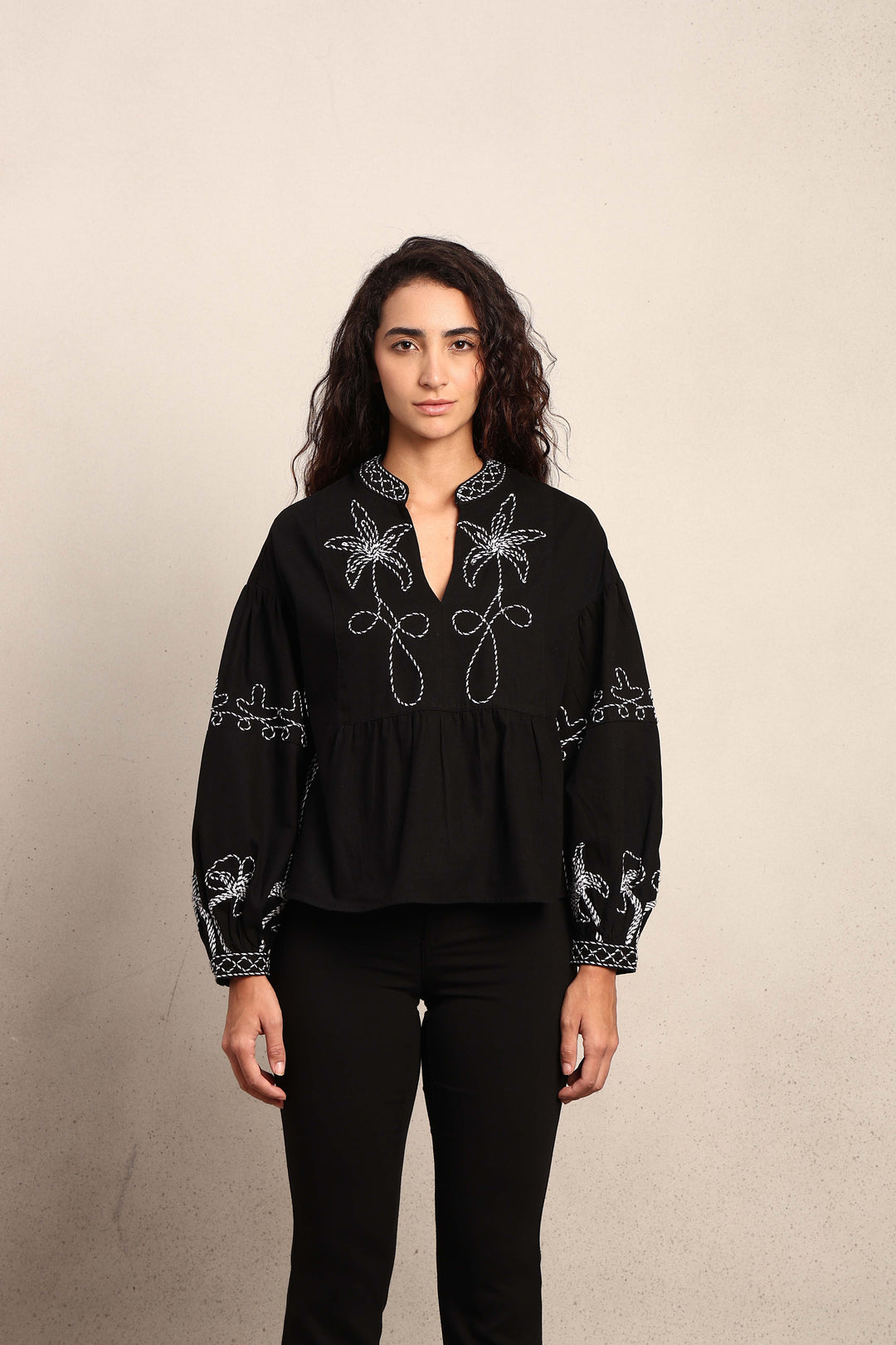 Embroidered V-Neck Top