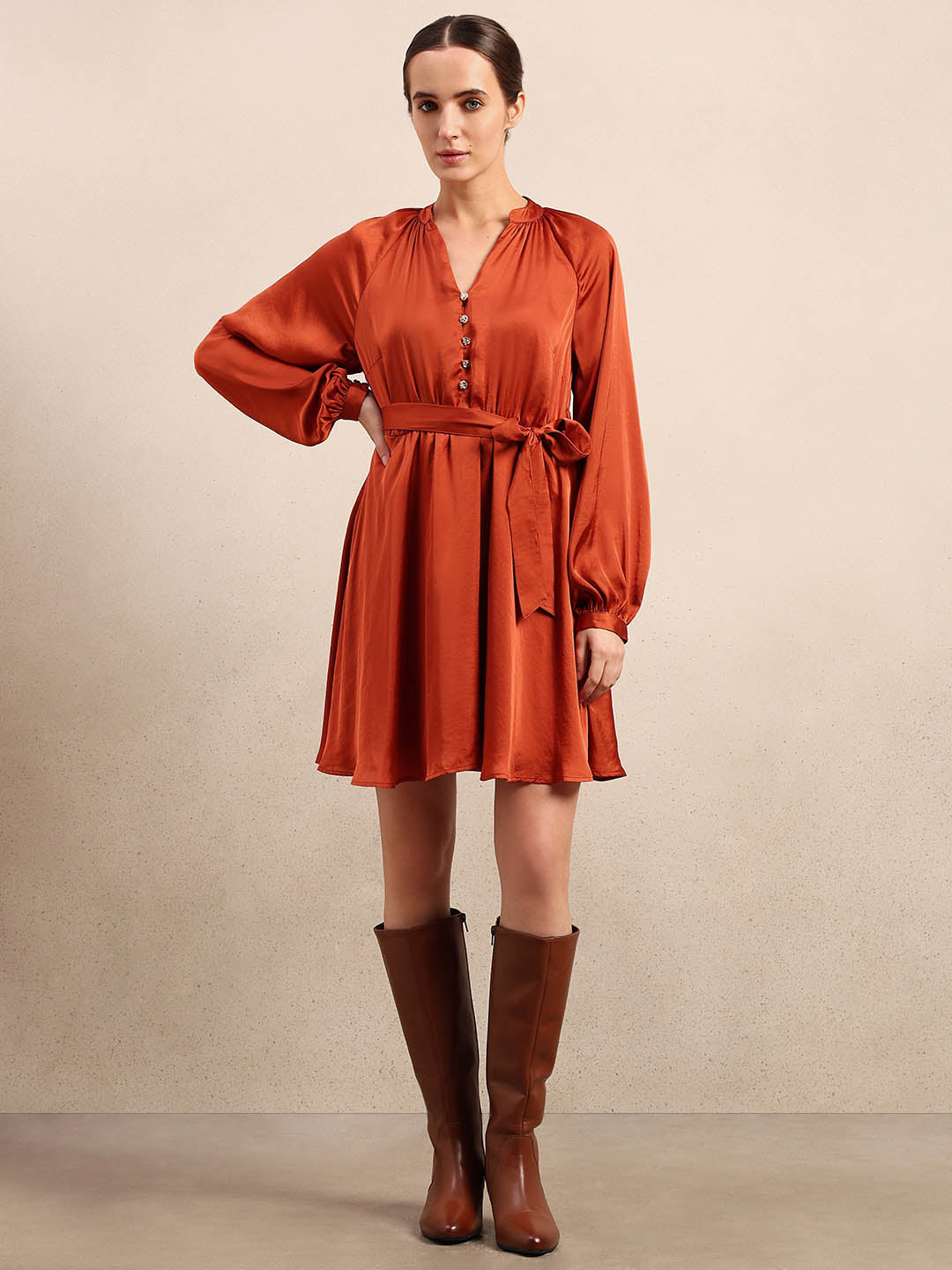 Long Sleeves Belted Mini Dress