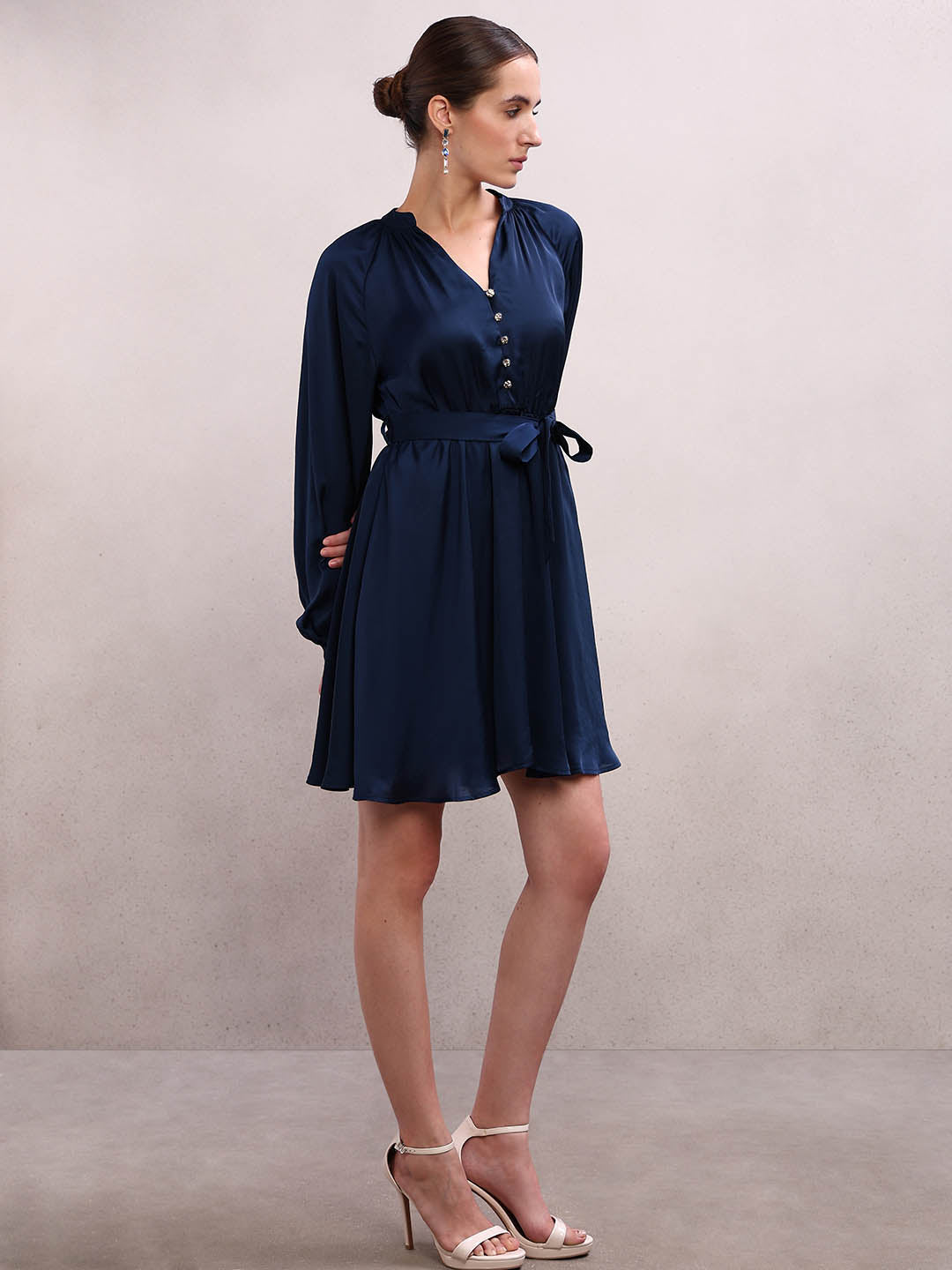 Long Sleeves Belted Mini Dress - Blue