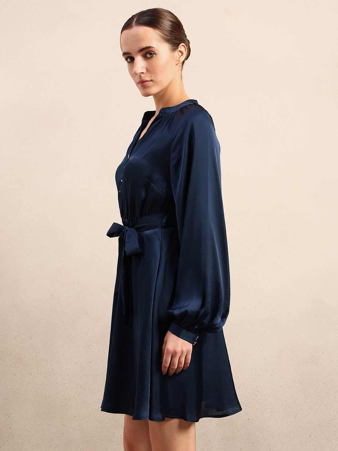 Long Sleeves Belted Mini Dress - Blue