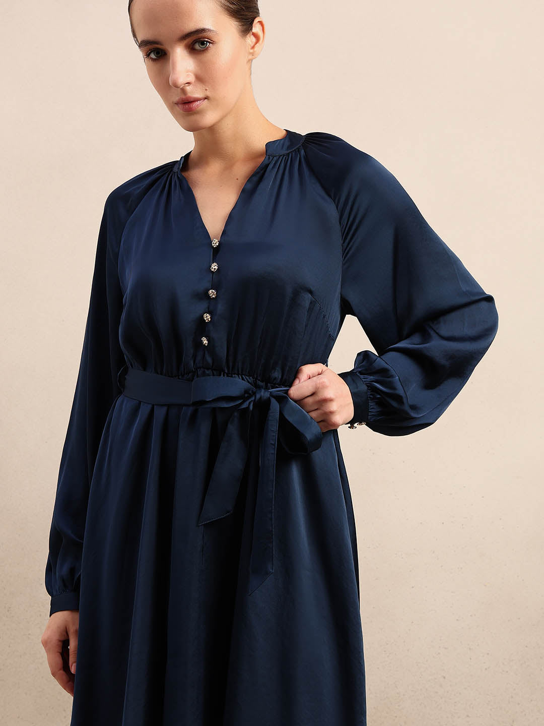 Long Sleeves Belted Mini Dress - Blue