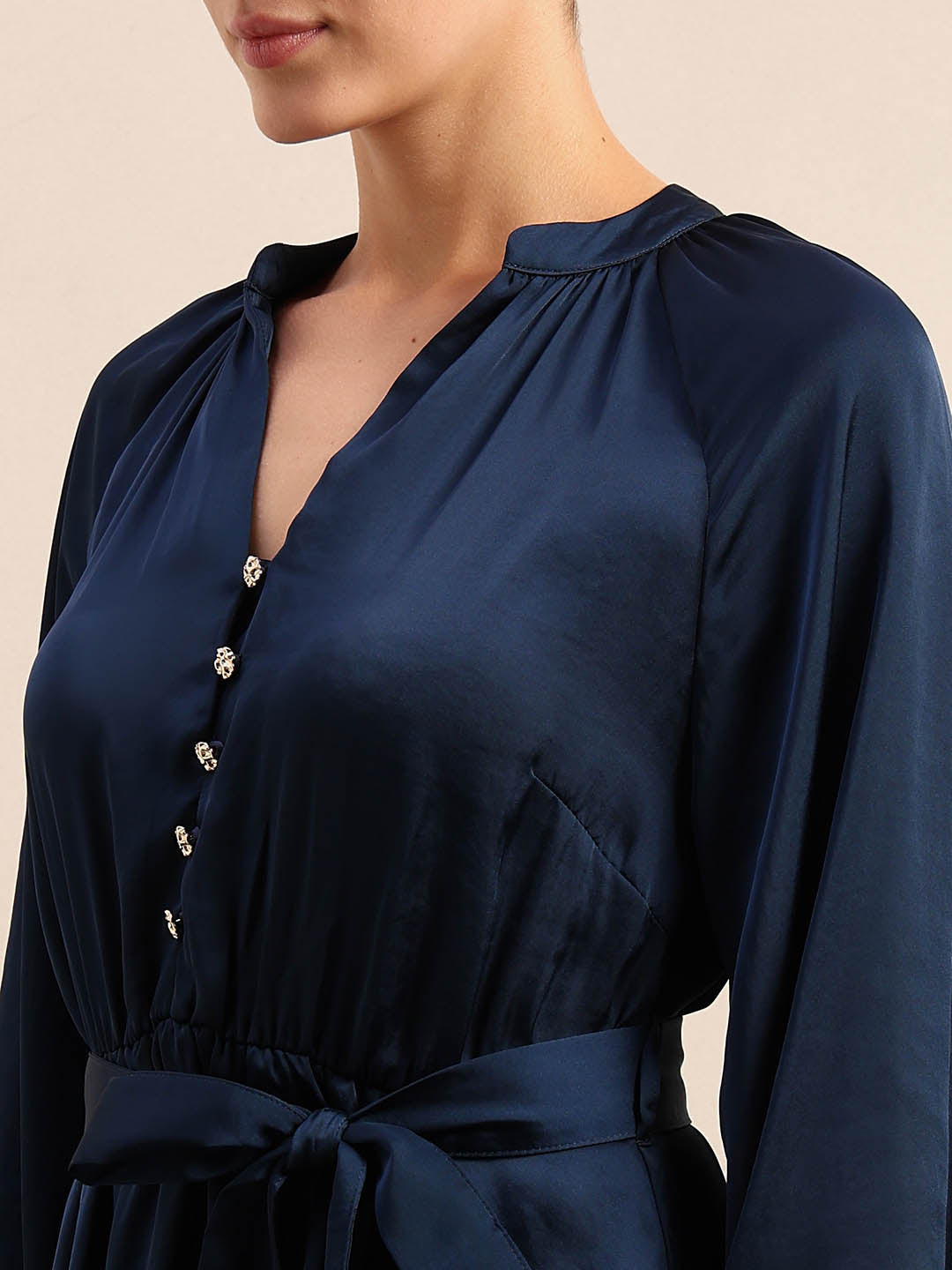 Long Sleeves Belted Mini Dress - Blue