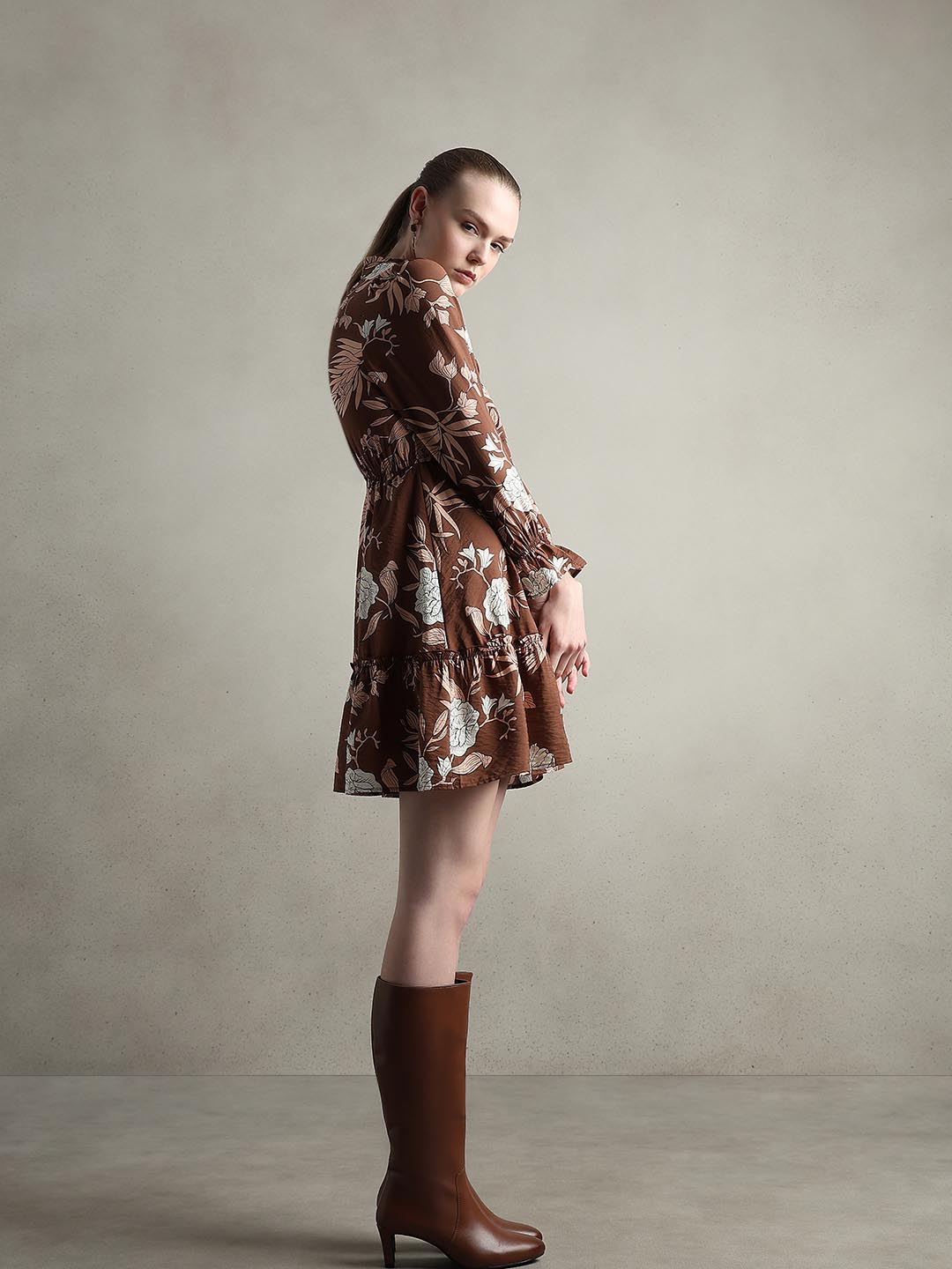 Brown Floral Print Mini Dress