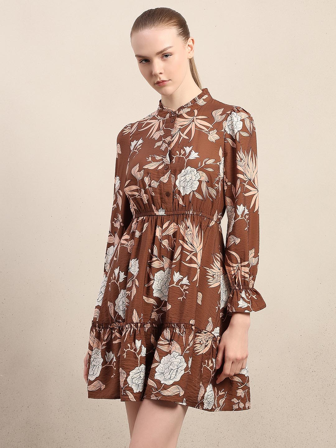 Brown Floral Print Mini Dress