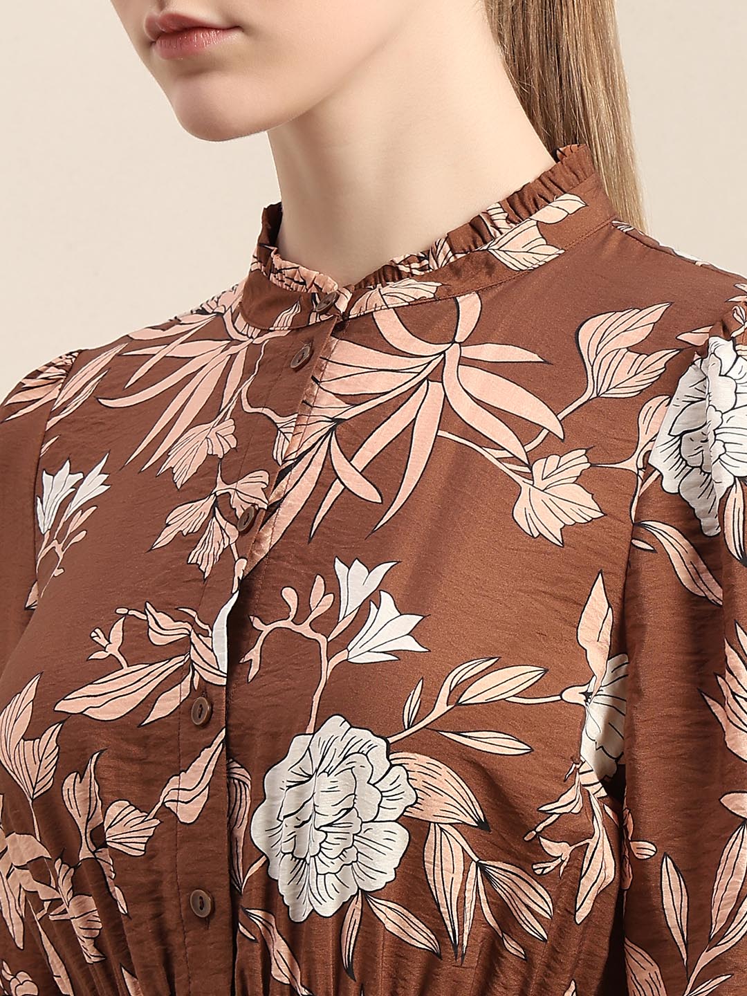 Brown Floral Print Mini Dress