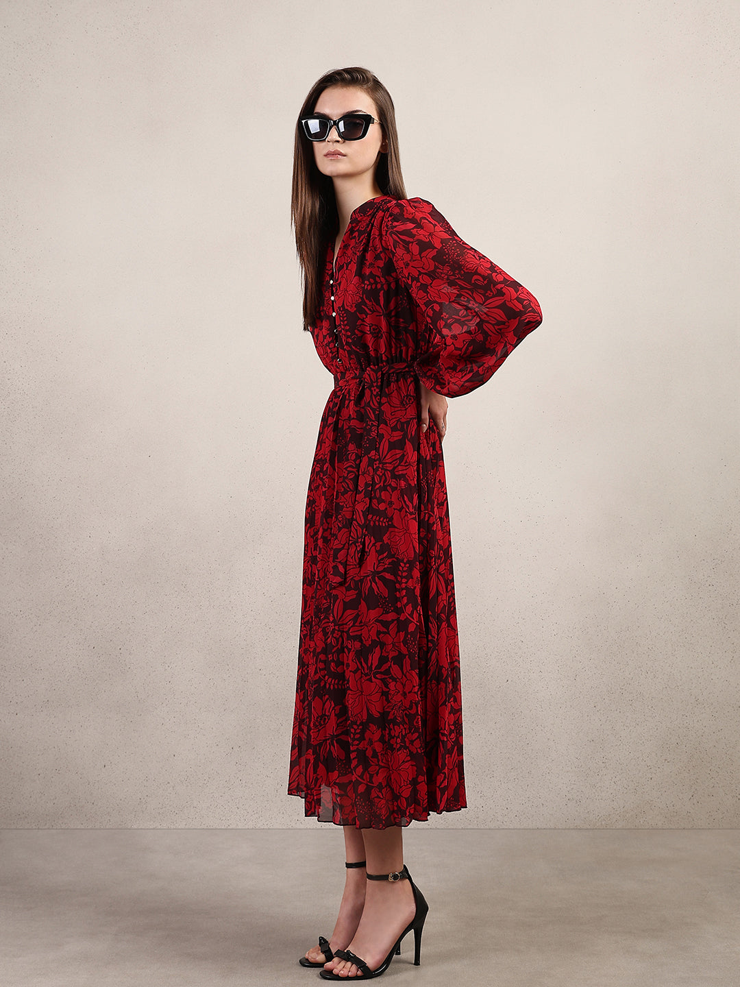 Red Floral Pleated Midi Dress VERO MODA