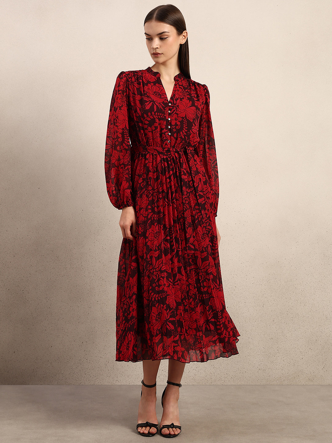 Red Floral Pleated Midi Dress