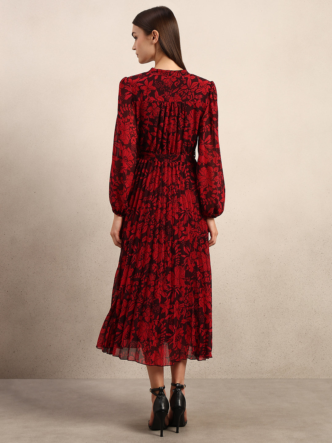 Red Floral Pleated Midi Dress