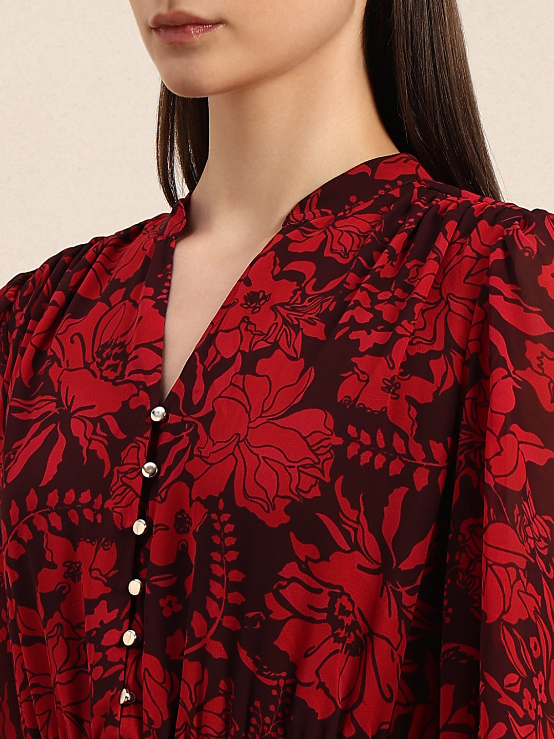 Red Floral Pleated Midi Dress