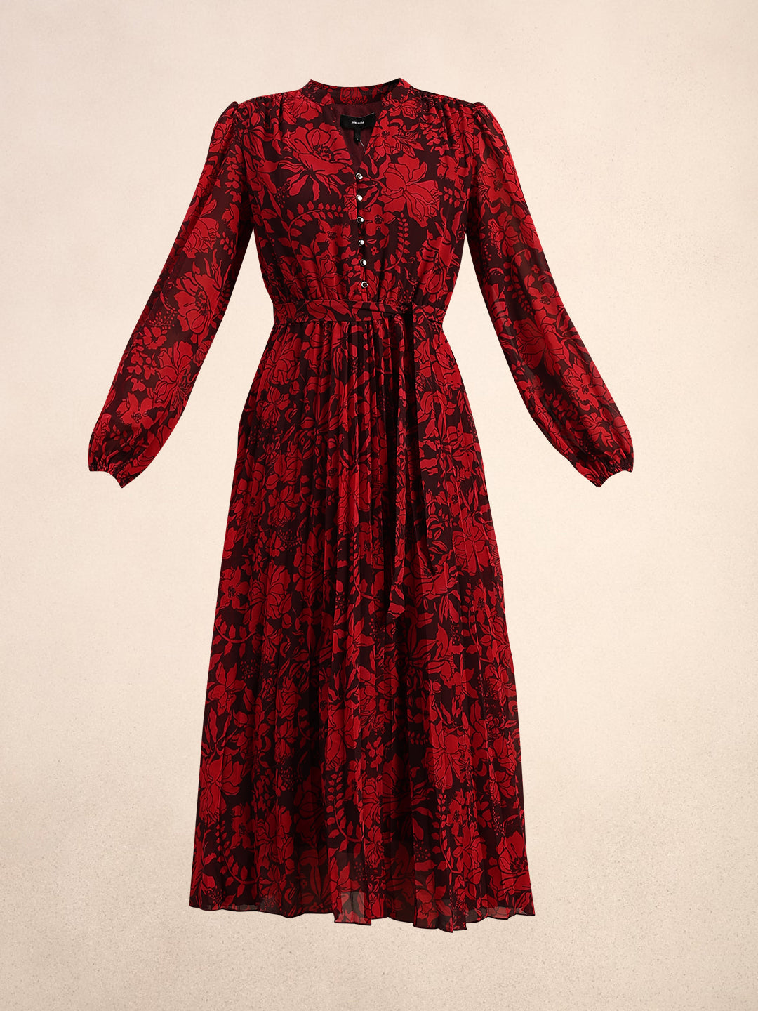 Red Floral Pleated Midi Dress