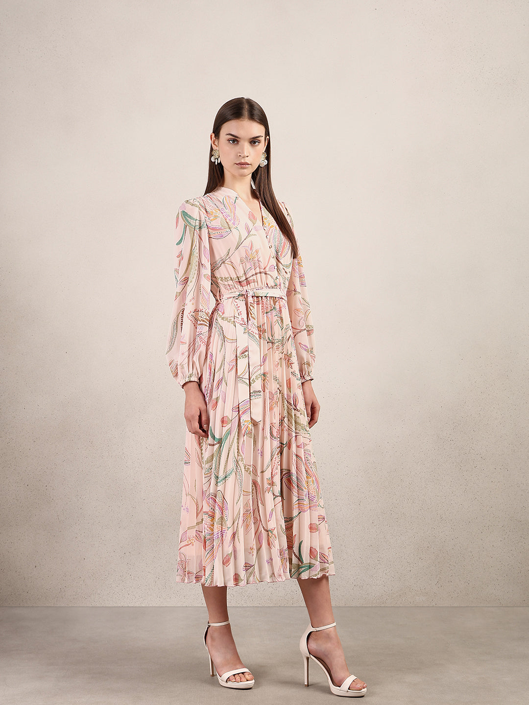 Peach Floral Pleated Midi Dress