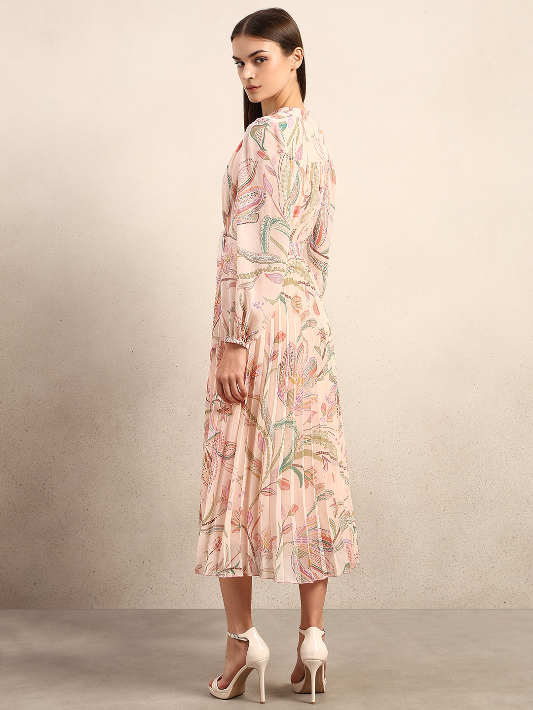 Peach Floral Pleated Midi Dress