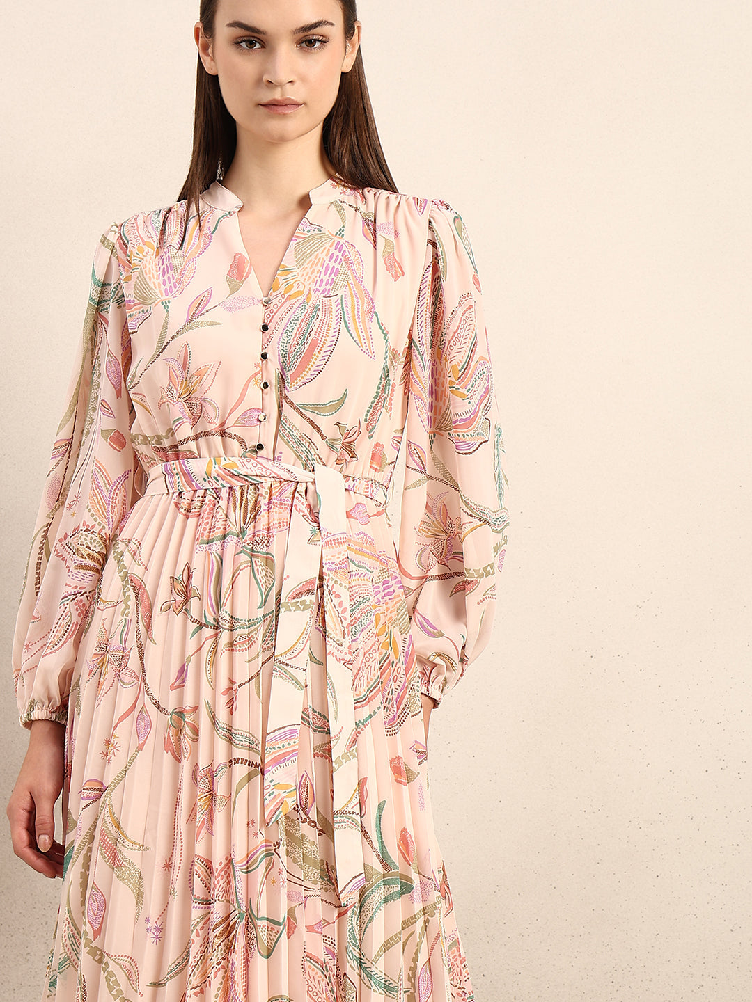 Peach Floral Pleated Midi Dress