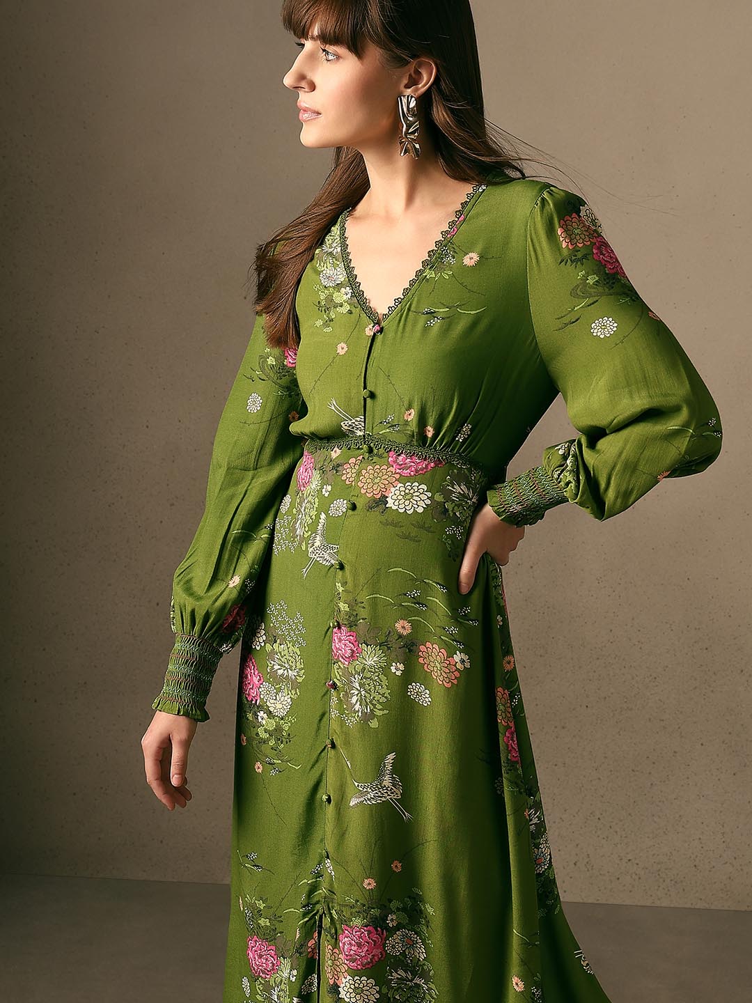 Green Floral Lace Midi Dress