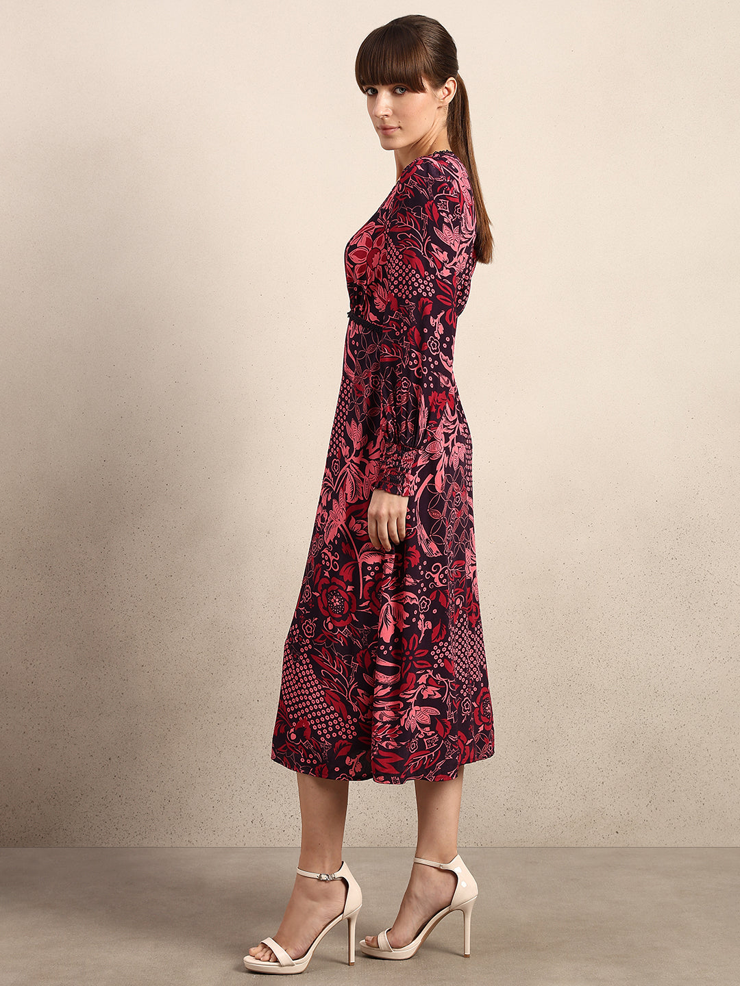 Printed V-Neck Full Sleeves Dress