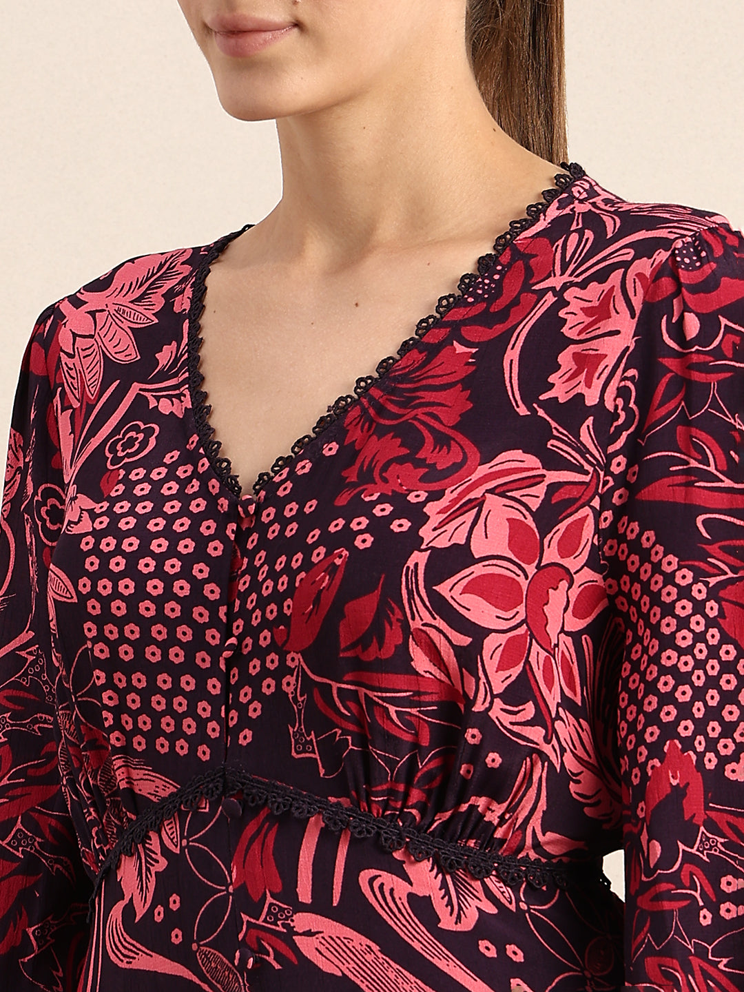 Printed V-Neck Full Sleeves Dress