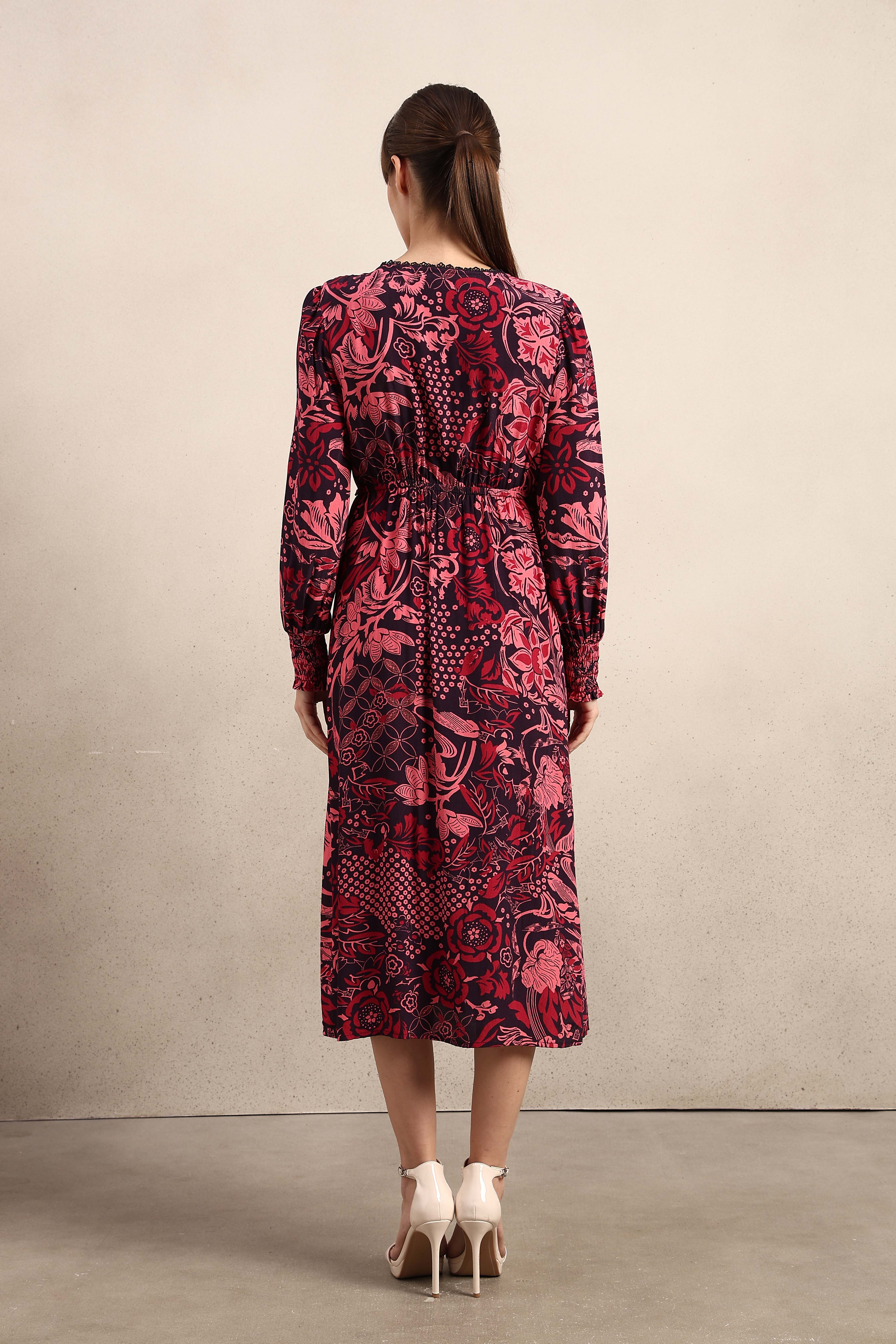 Printed V-Neck Full Sleeves Dress