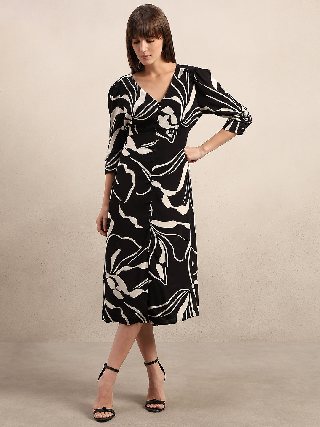 Printed V-Neck Midi Dress