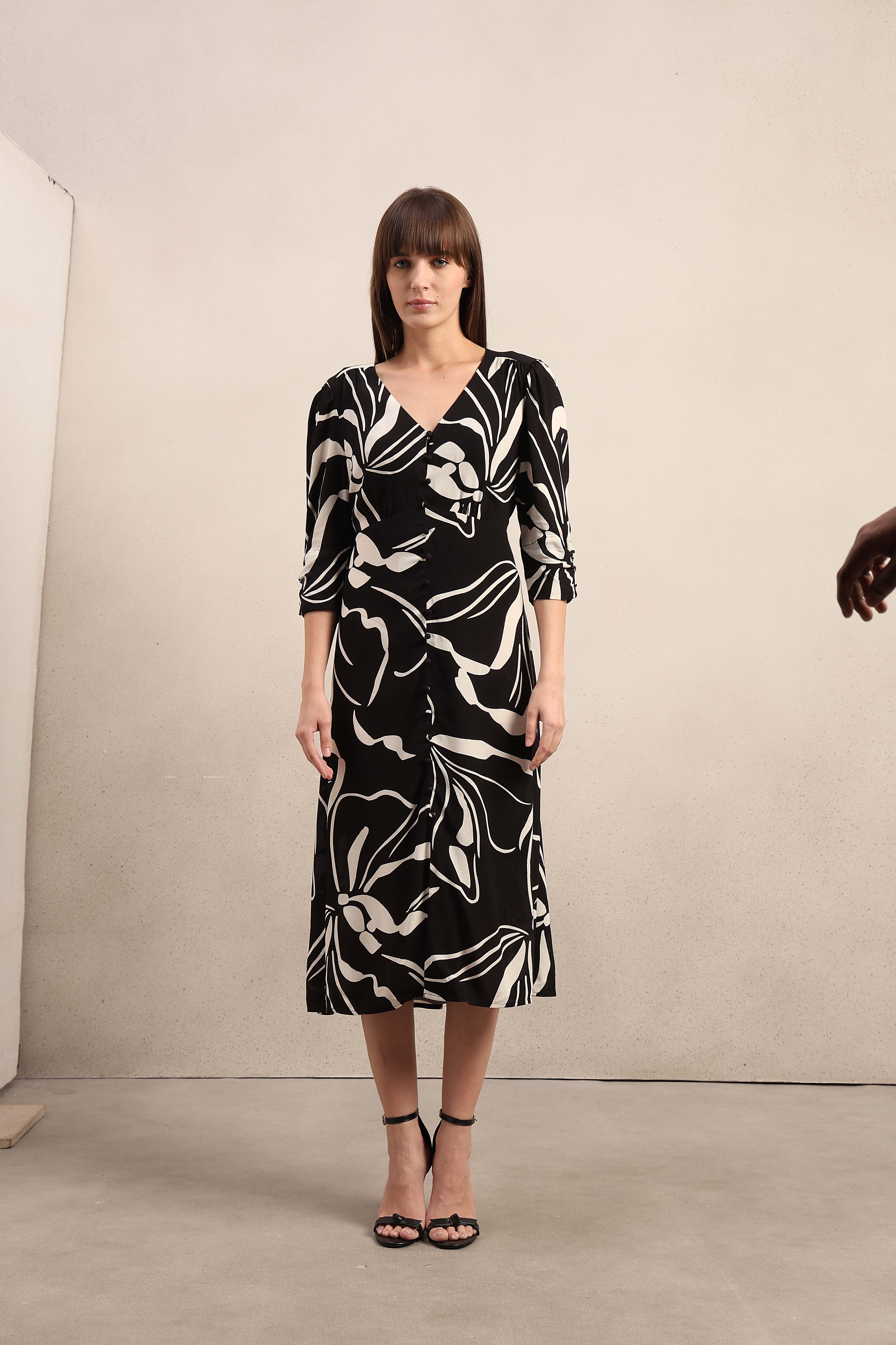 Printed V-Neck Midi Dress