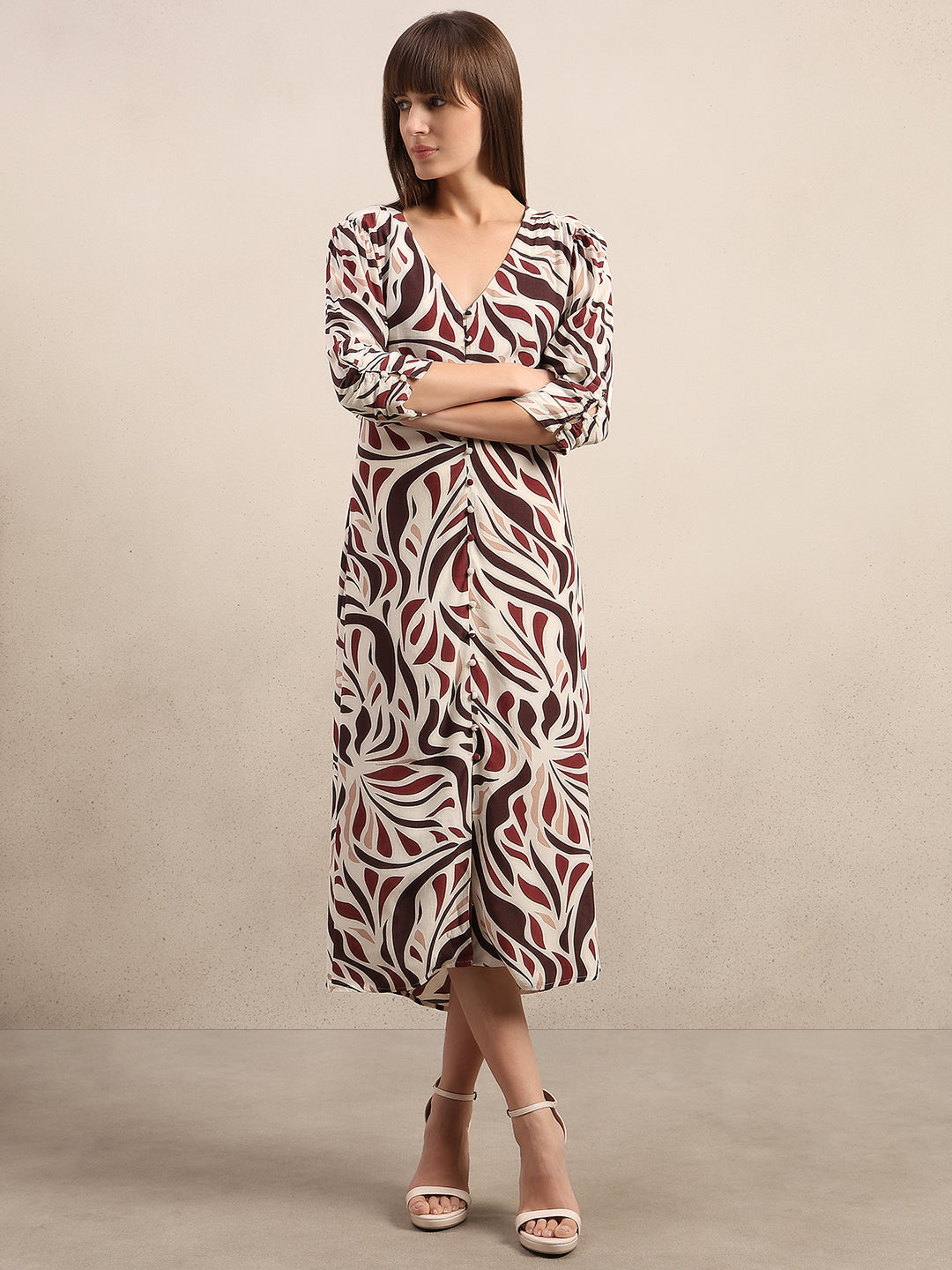 Ecru Printed V-Neck Dress