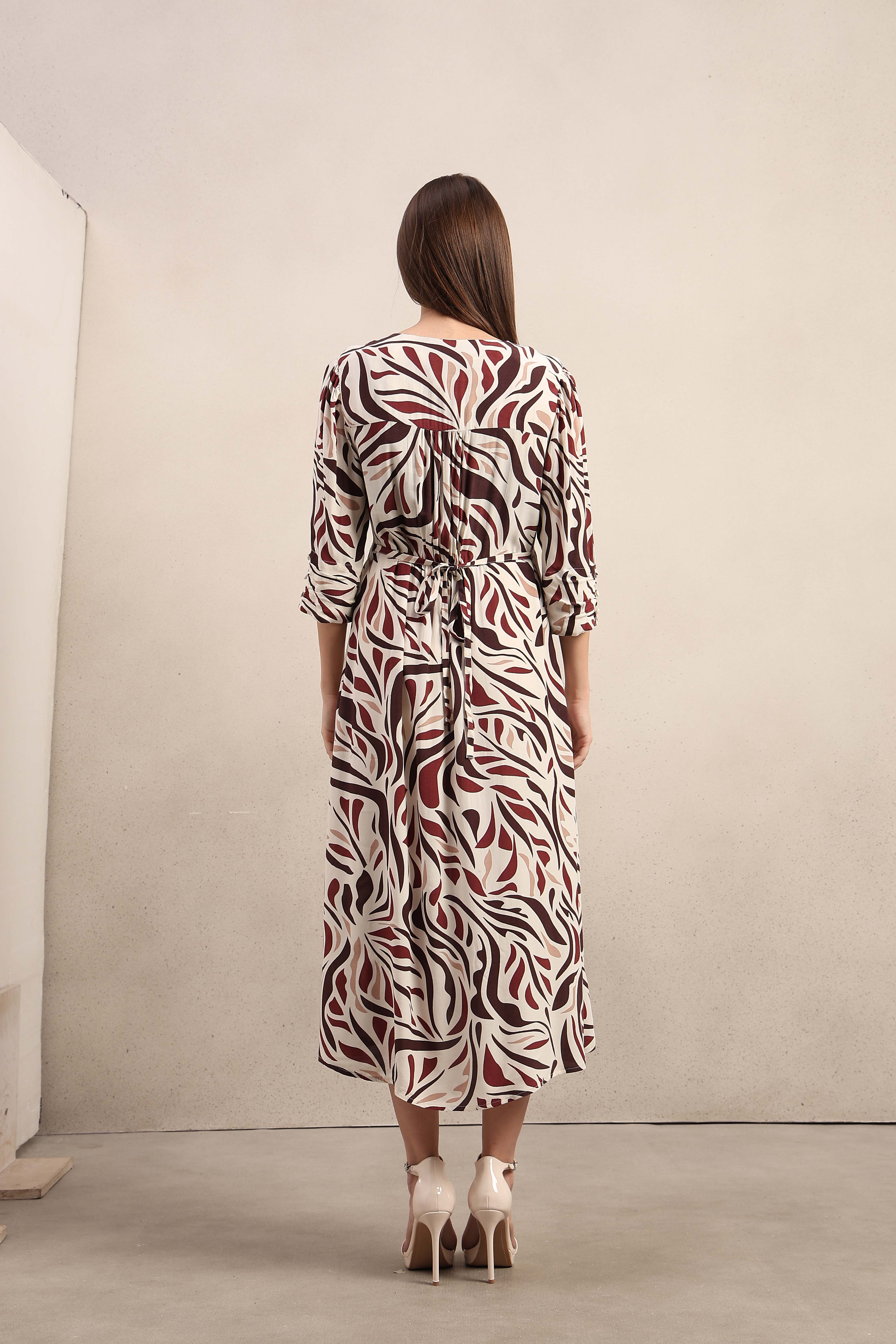 Ecru Printed V-Neck Dress