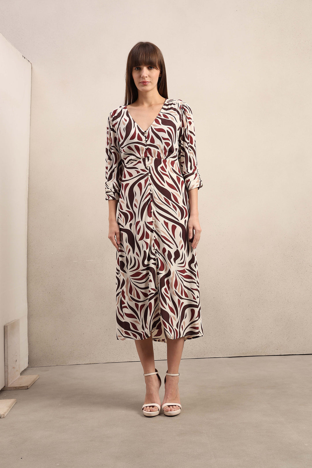 Ecru Printed V-Neck Dress